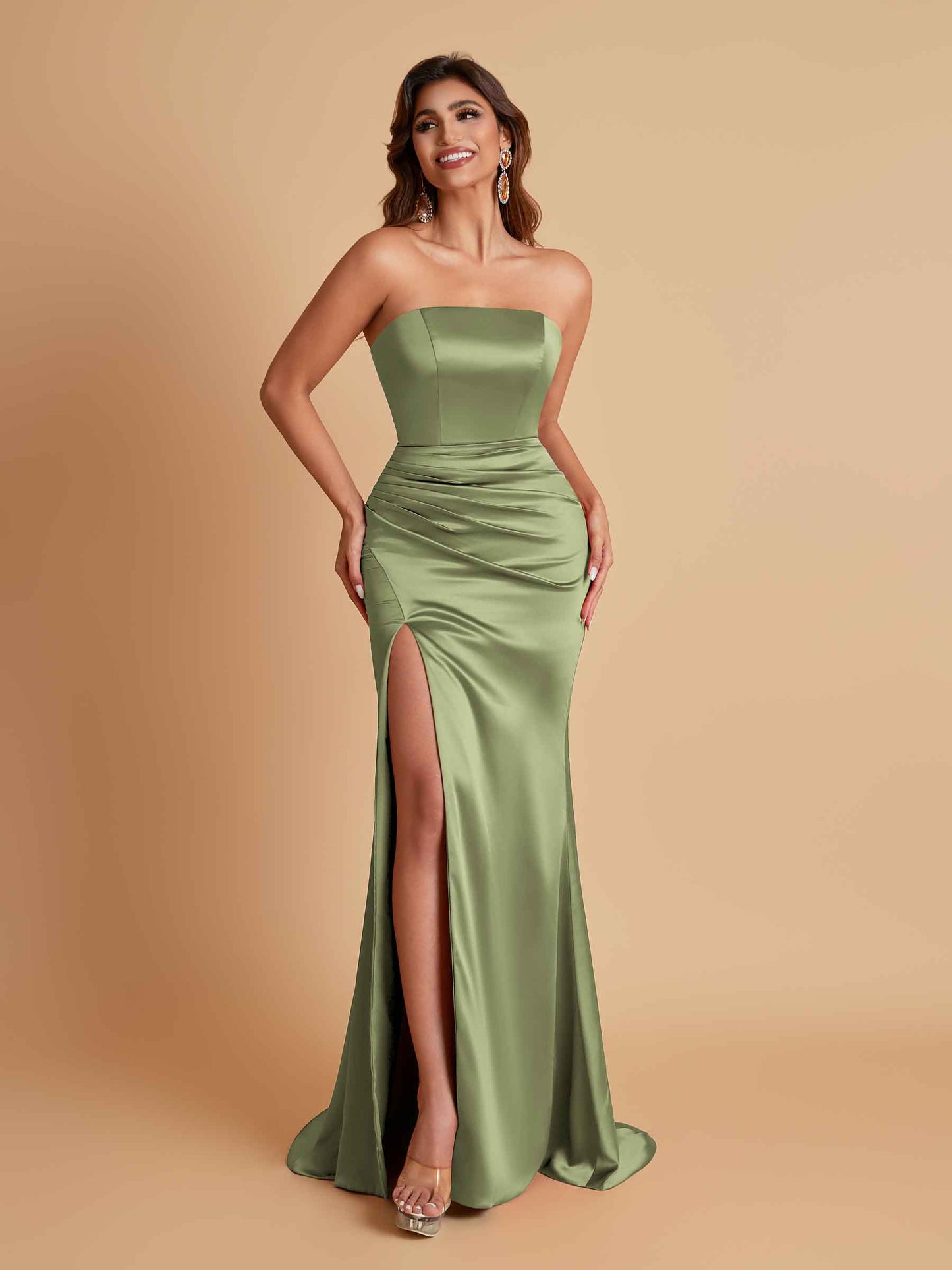 Elegant Soft Satin Strapless Split Side Mermaid Bridesmaid Dresses