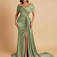 Elegant Soft Satin V-neck Off-the-Shoulder Side-Slit Mermaid Bridesmaid Dresses