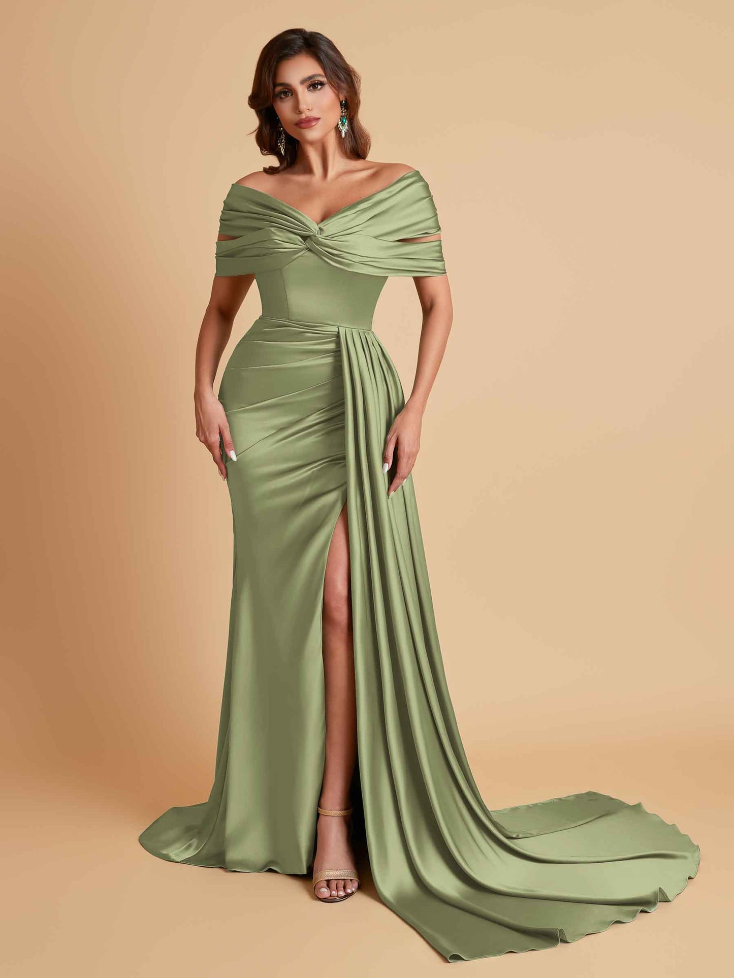 Elegant Soft Satin V-neck Off-the-Shoulder Side-Slit Mermaid Bridesmaid Dresses