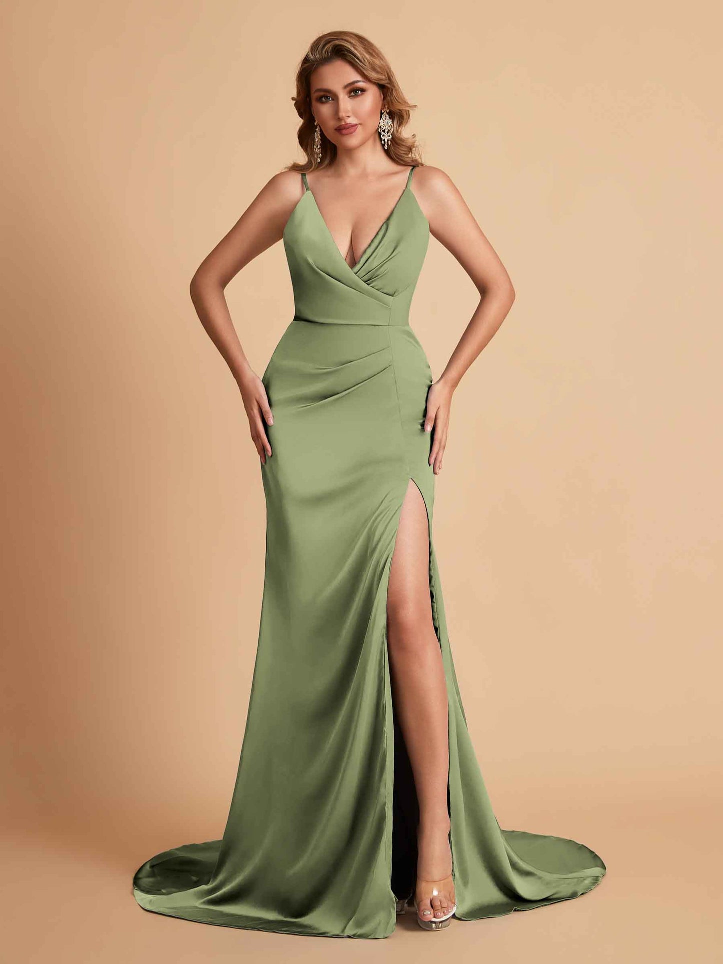 Elegant Satin Spaghetti Straps V-Neck Mermaid Side Slit Floor Length Bridesmaid Dresses