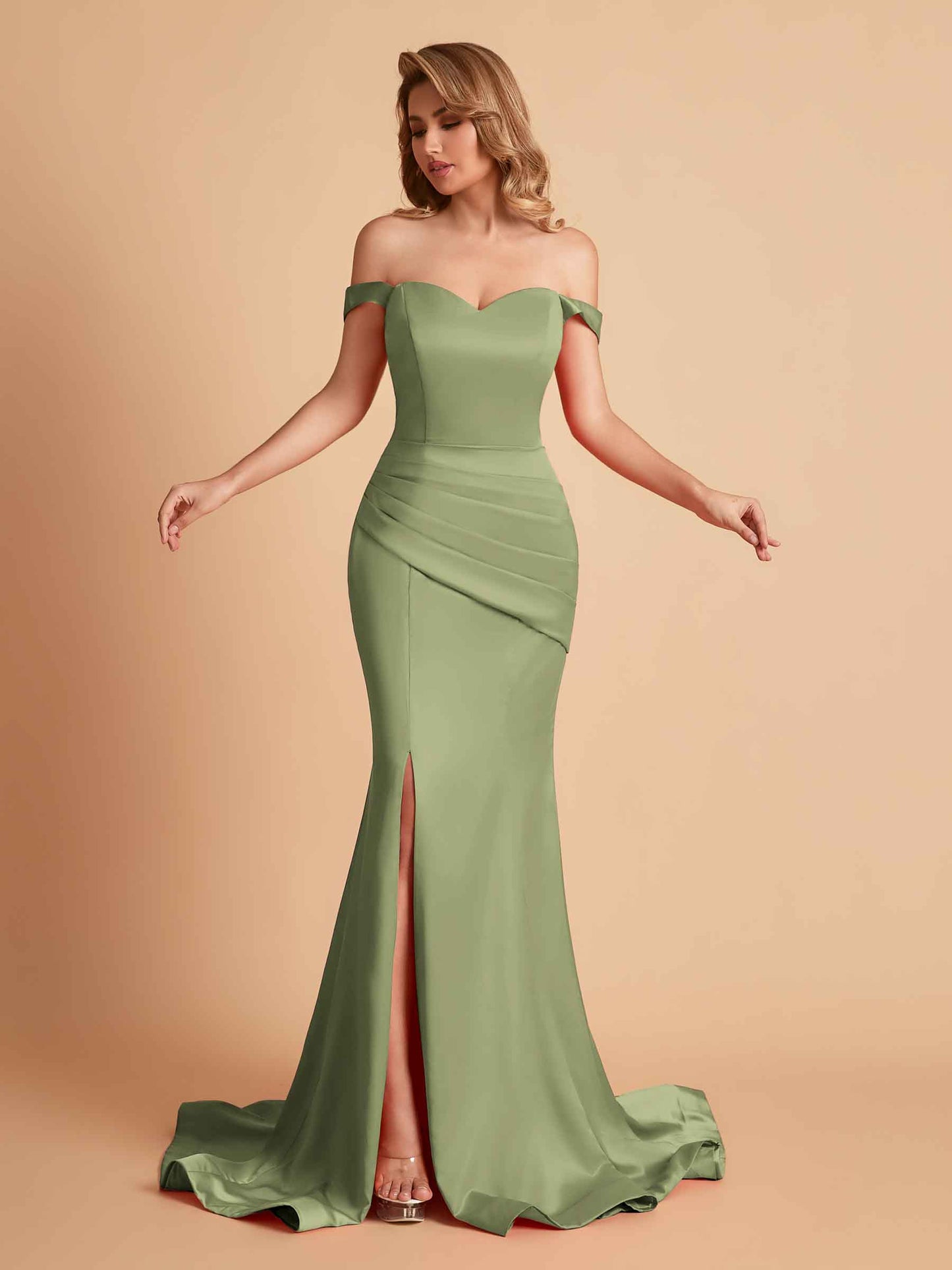 Elegant Satin Off the Shoulder Mermaid Side Slit Floor Length Bridesmaid Dresses