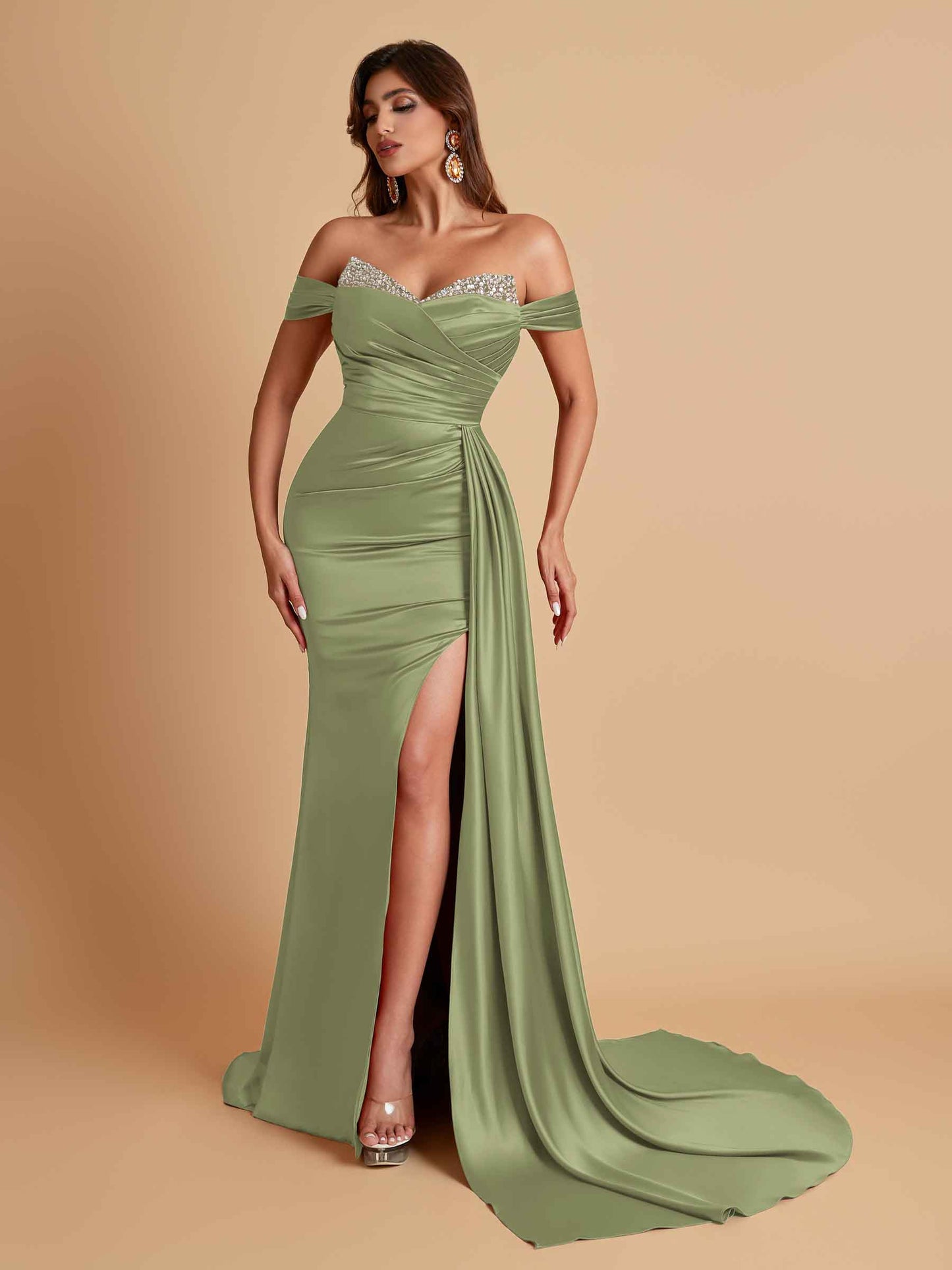 Gorgeous Soft Satin V-neck Off-the-Shoulder Side-Slit Mermaid Bridesmaid Dresses