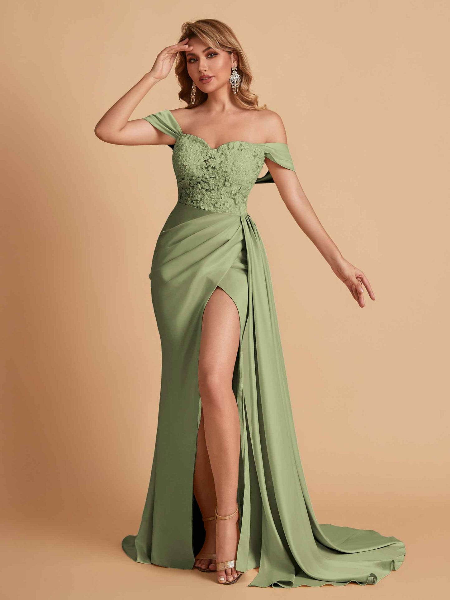 Sexy Satin Mermaid Off Shoulder Lace Side Slit Long Bridesmaid Dresses Online