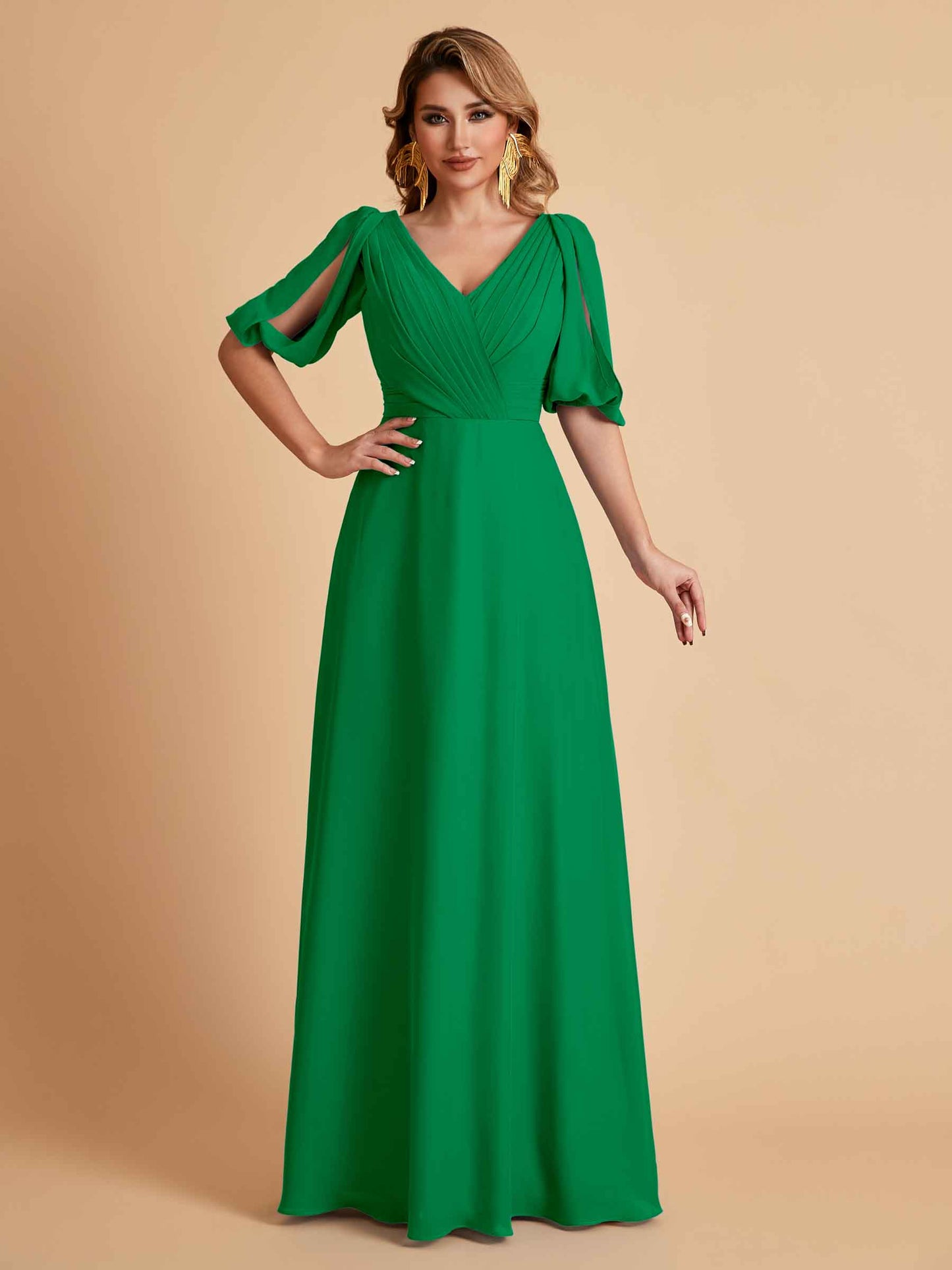 Elegant A-Line Chiffon Half Sleeves V-Neck Mother of the Brides Dresses Online