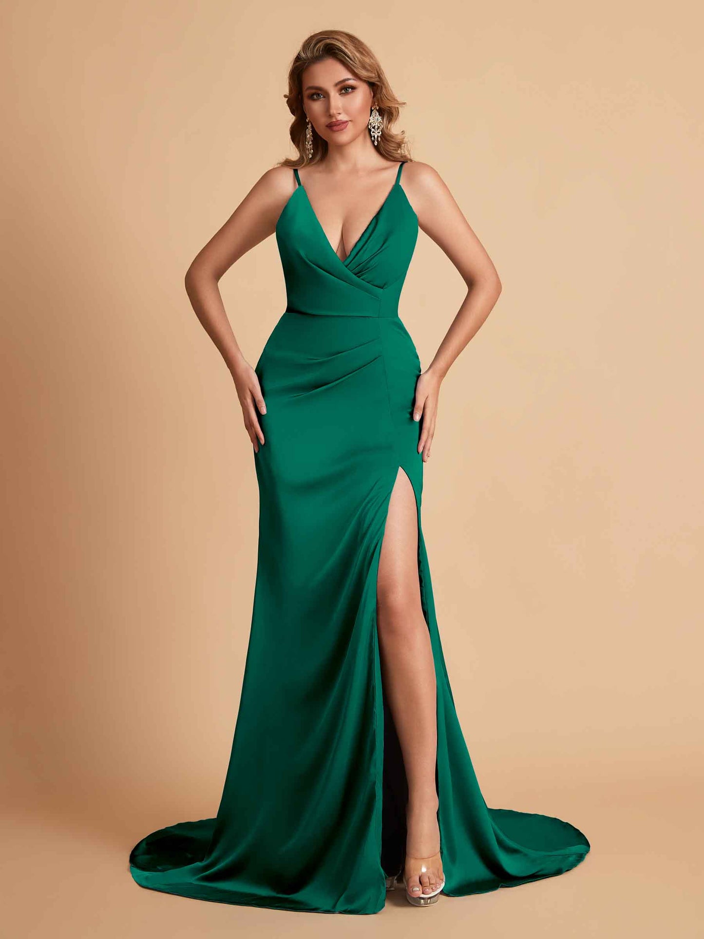 Elegant Satin Spaghetti Straps V-Neck Mermaid Side Slit Floor Length Bridesmaid Dresses