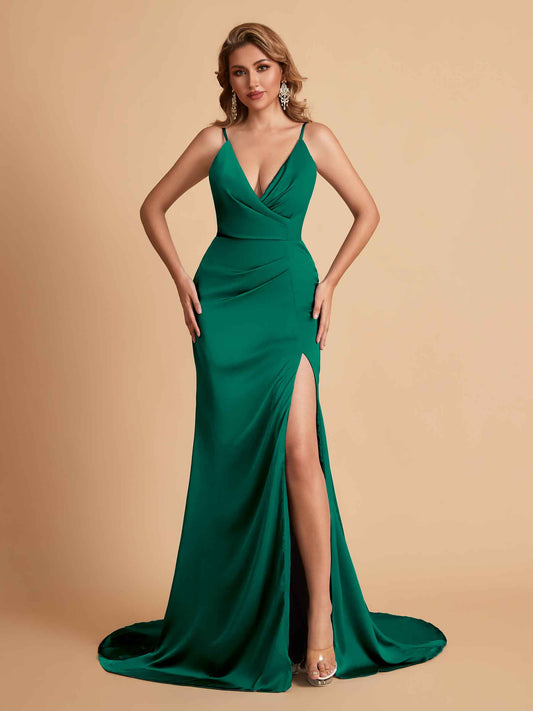 Elegant Satin Spaghetti Straps V-Neck Mermaid Side Slit Floor Length Bridesmaid Dresses