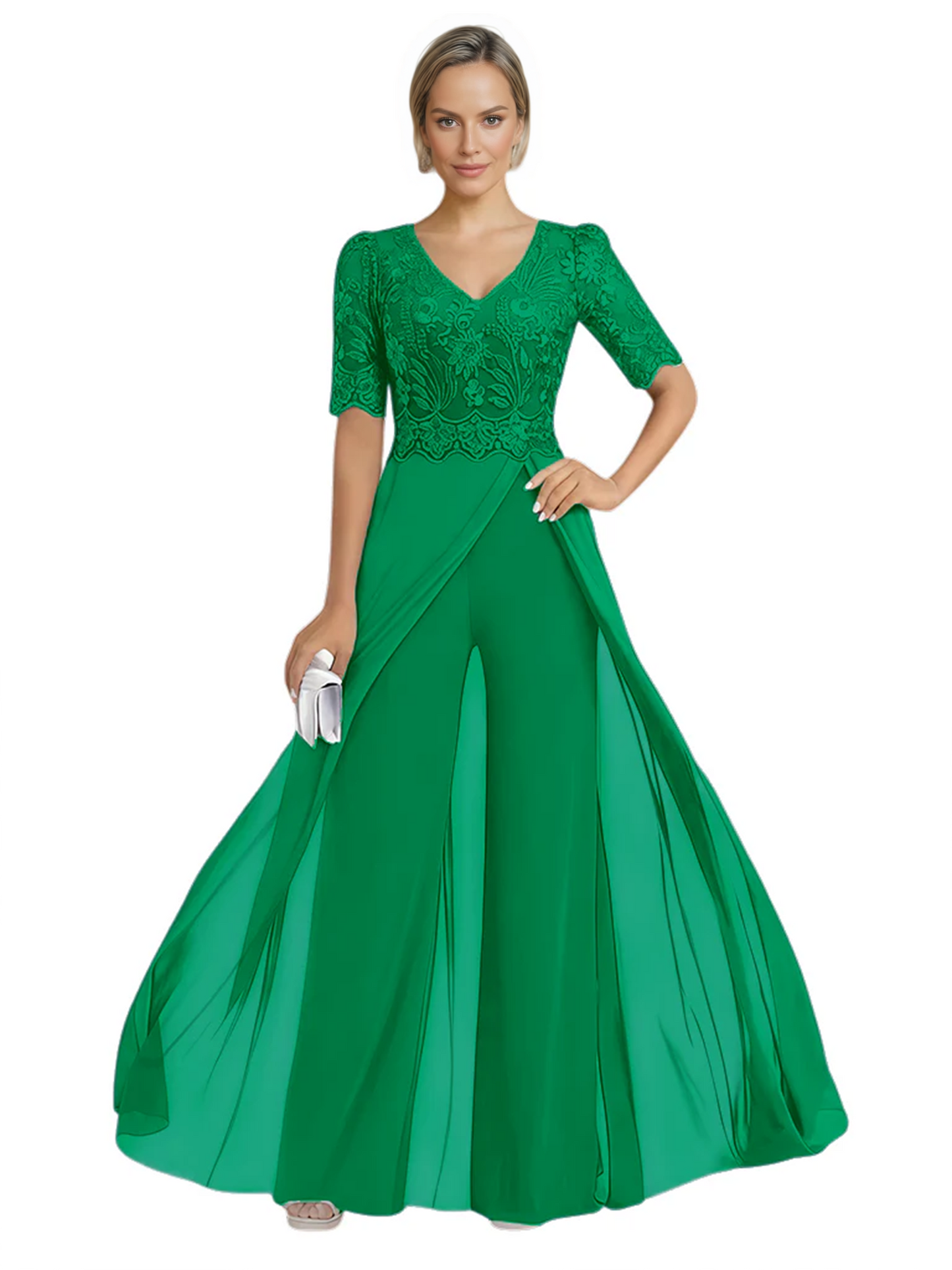 V-Neck Chiffon Mother of the Brides Jumpsuits Dresses Floor Length A-Line Lace