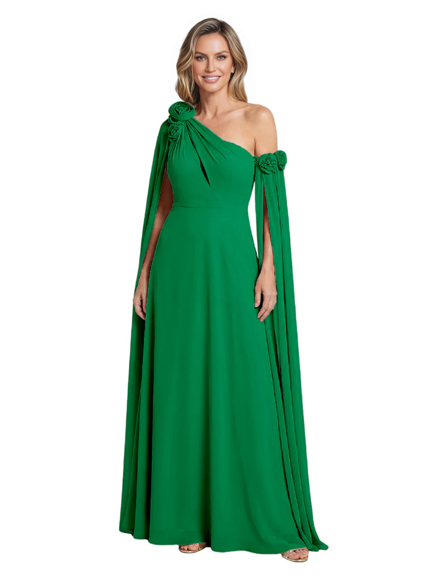One Shoulder Mother of the Bride Dress Asymmetrical Cape Sleeve Gown with Floral
