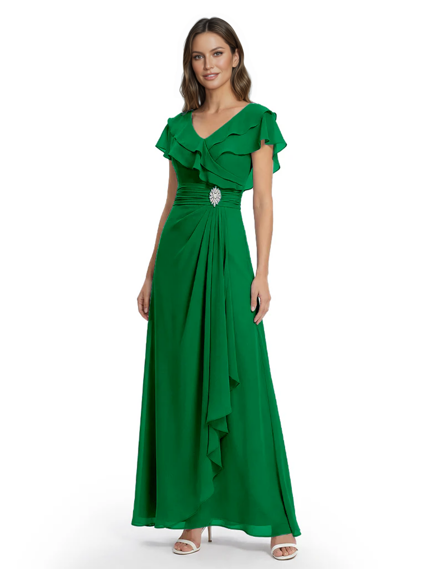 Elegant Mother of the Groom Dress Cascading Ruffle Chiffon Formal Gown Rhinestone