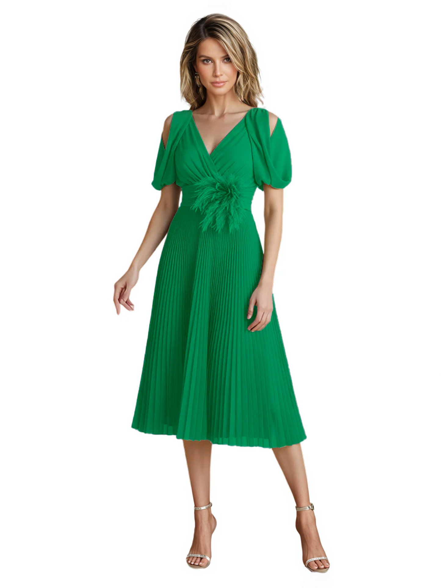 Wedding Formal Dress V-Neck Pleated Chiffon Gown with 3D Flower Accent Knee Length