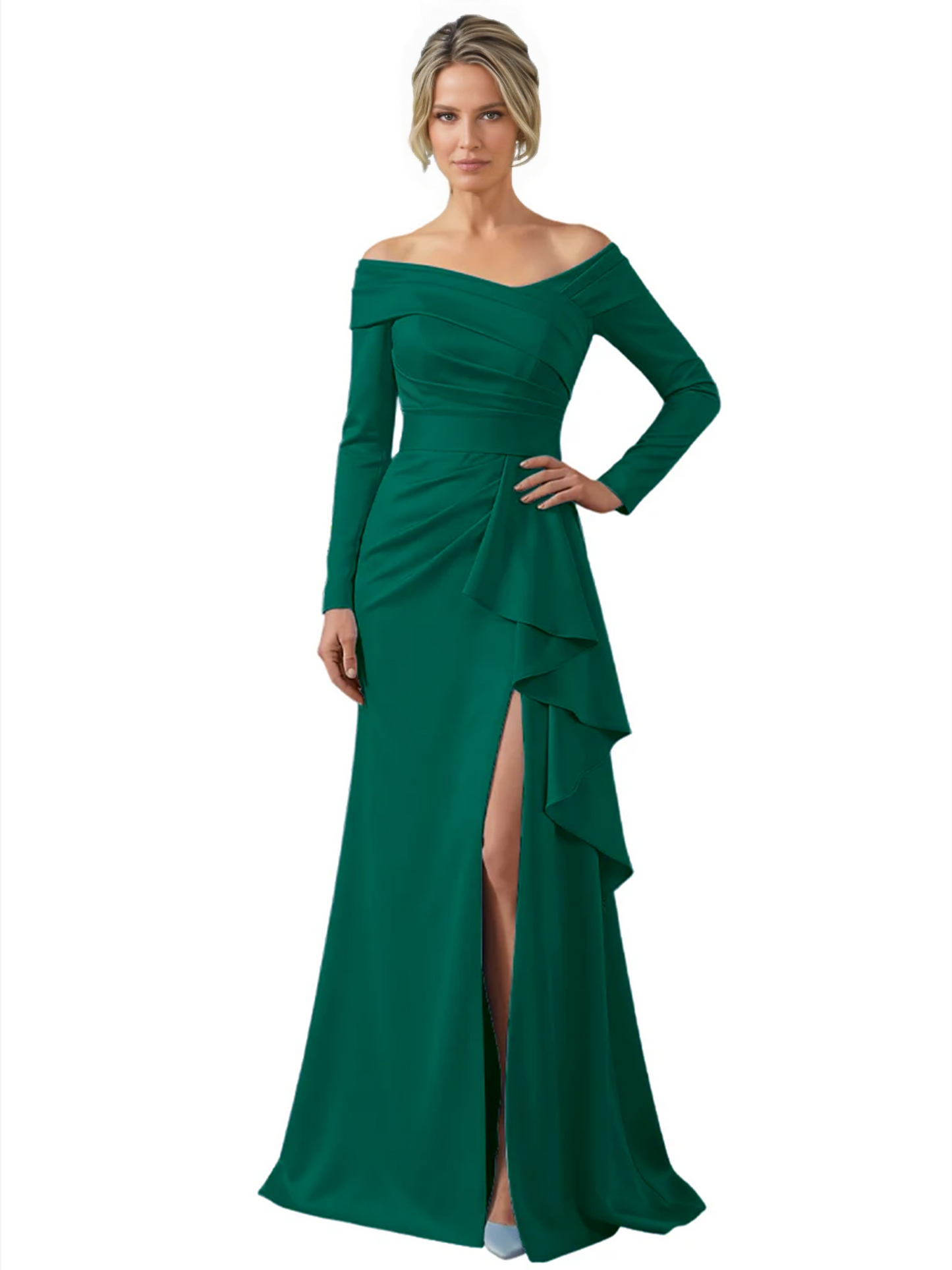 Elegant Mother of the Groom Dress Cascading Ruffle Satin Gown with High Slit Long Sleeves