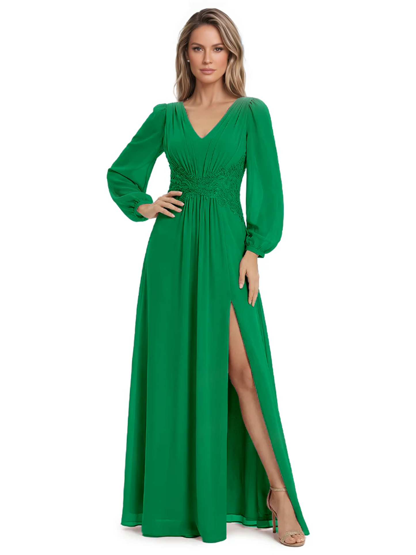 A-Line Mother of Bride Dress V-Neck Chiffon Gown Long Sleeves Slit Formal Dress