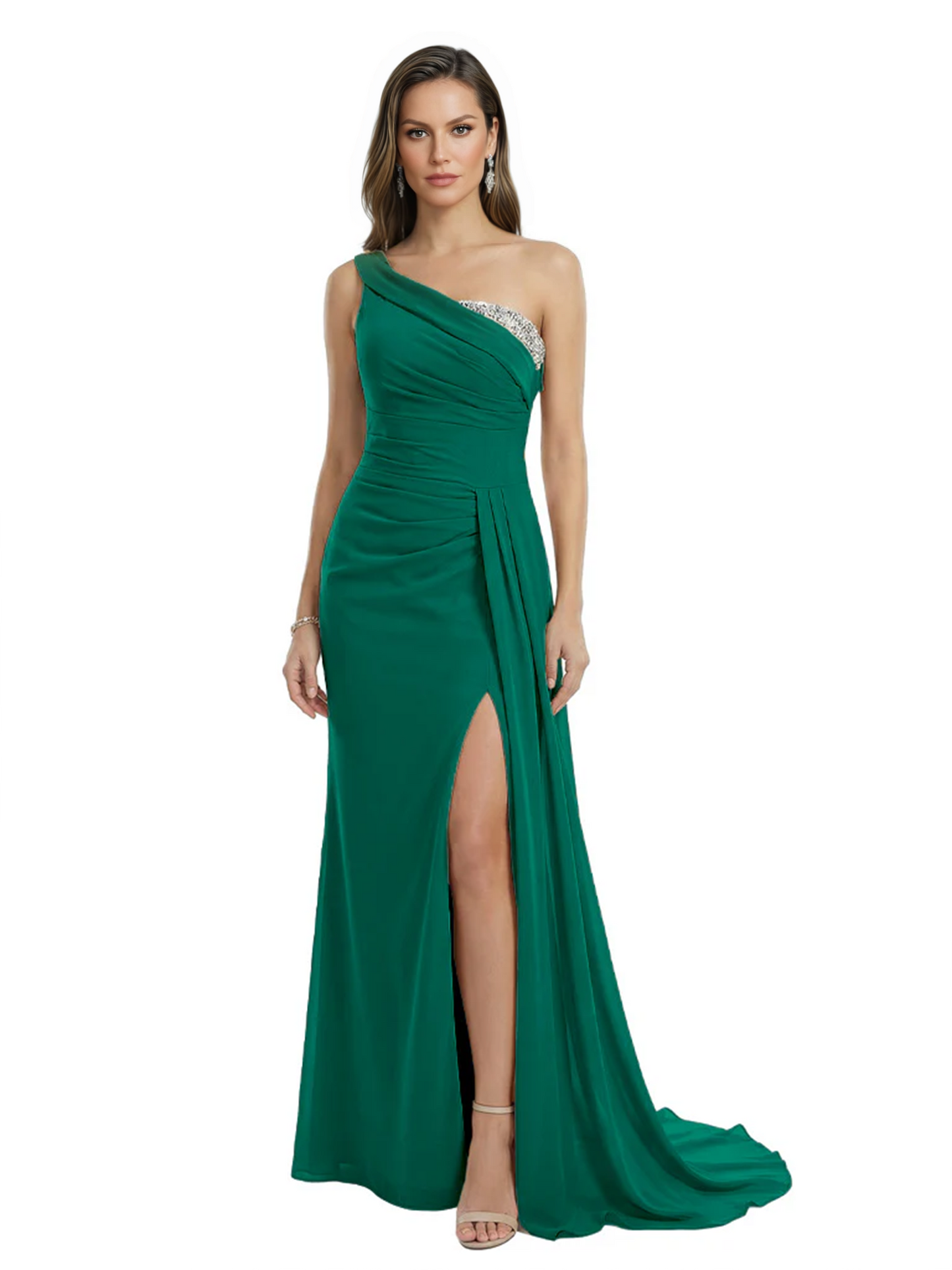One Shoulder Mother of Bride Dress Ruffle Formal Gowns Mermaid Floor Length Train Slit