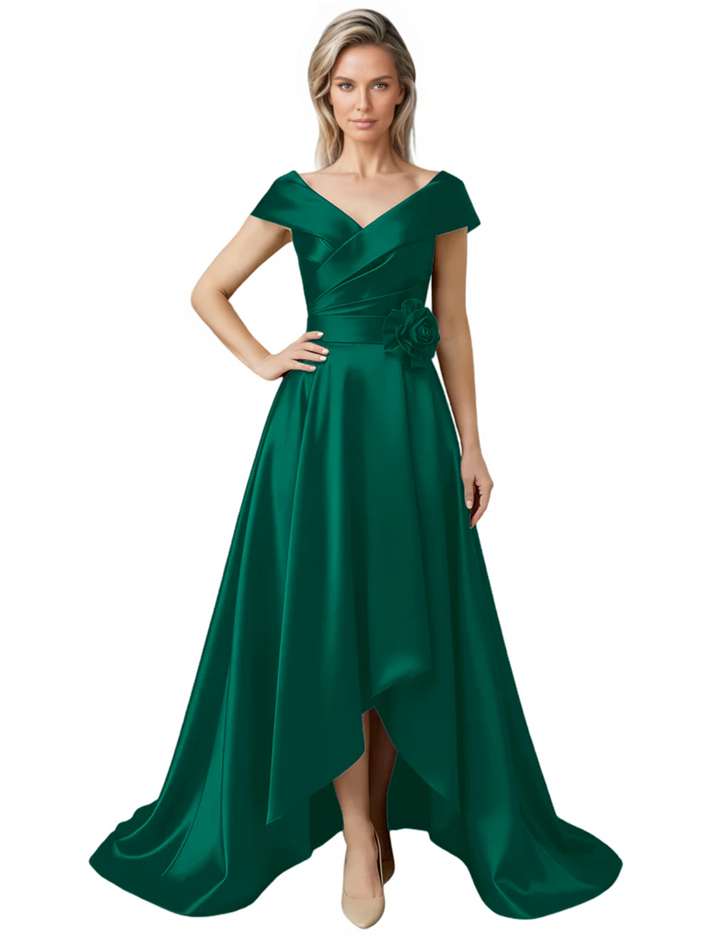 Off Shoulder Mother of the Bride Dress High-Low Satin Gown with Portrait Neckline