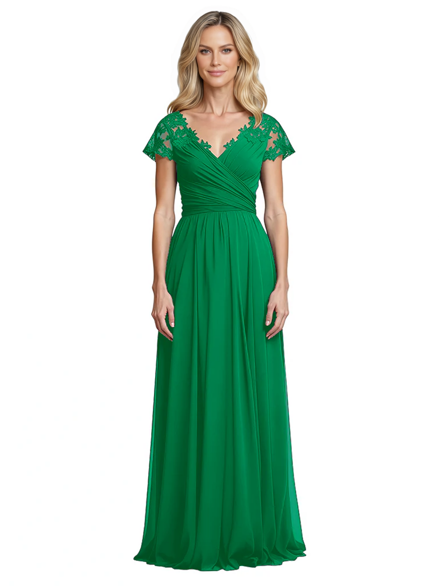 Mother of the Bride Dress Cap Sleeves and V-Neckline with Embroidered Lace Shoulders