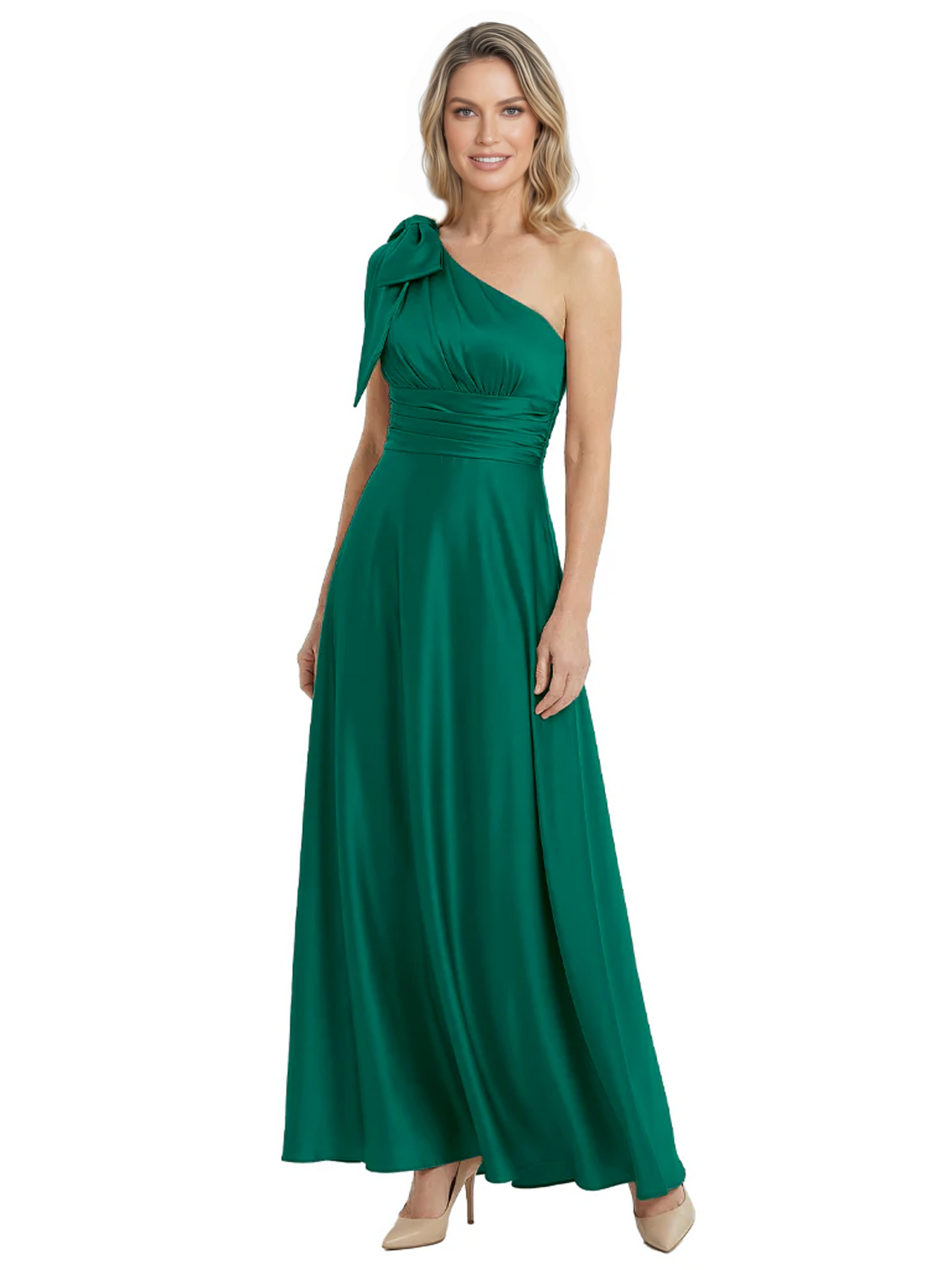 One-Shoulder Mother of the Bride Dress Satin Gown with Bow Ruched Empire Waist