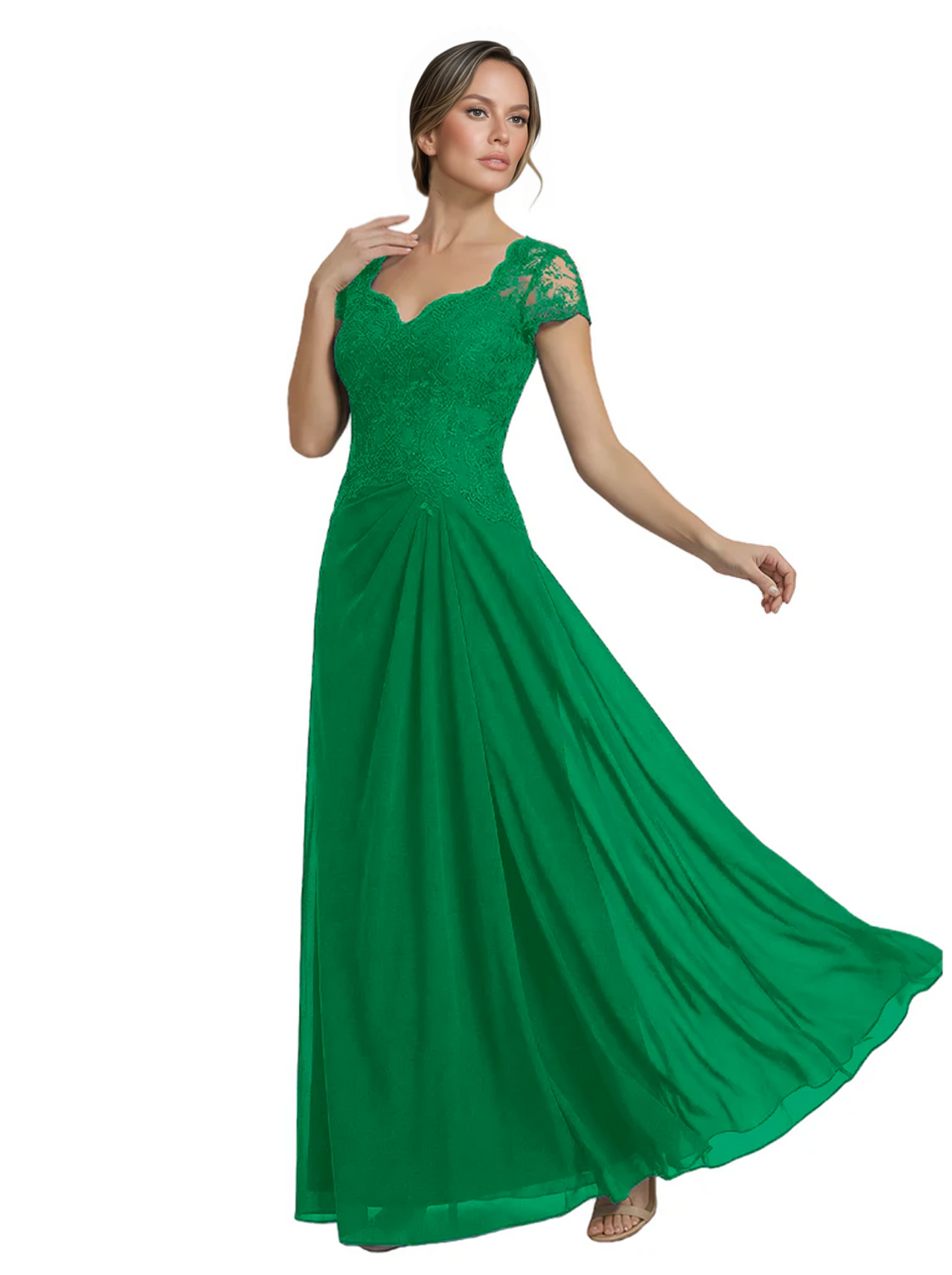 Long A-line Chiffon Short Sleeves Mother of the Brides Dresses Lace Wedding
