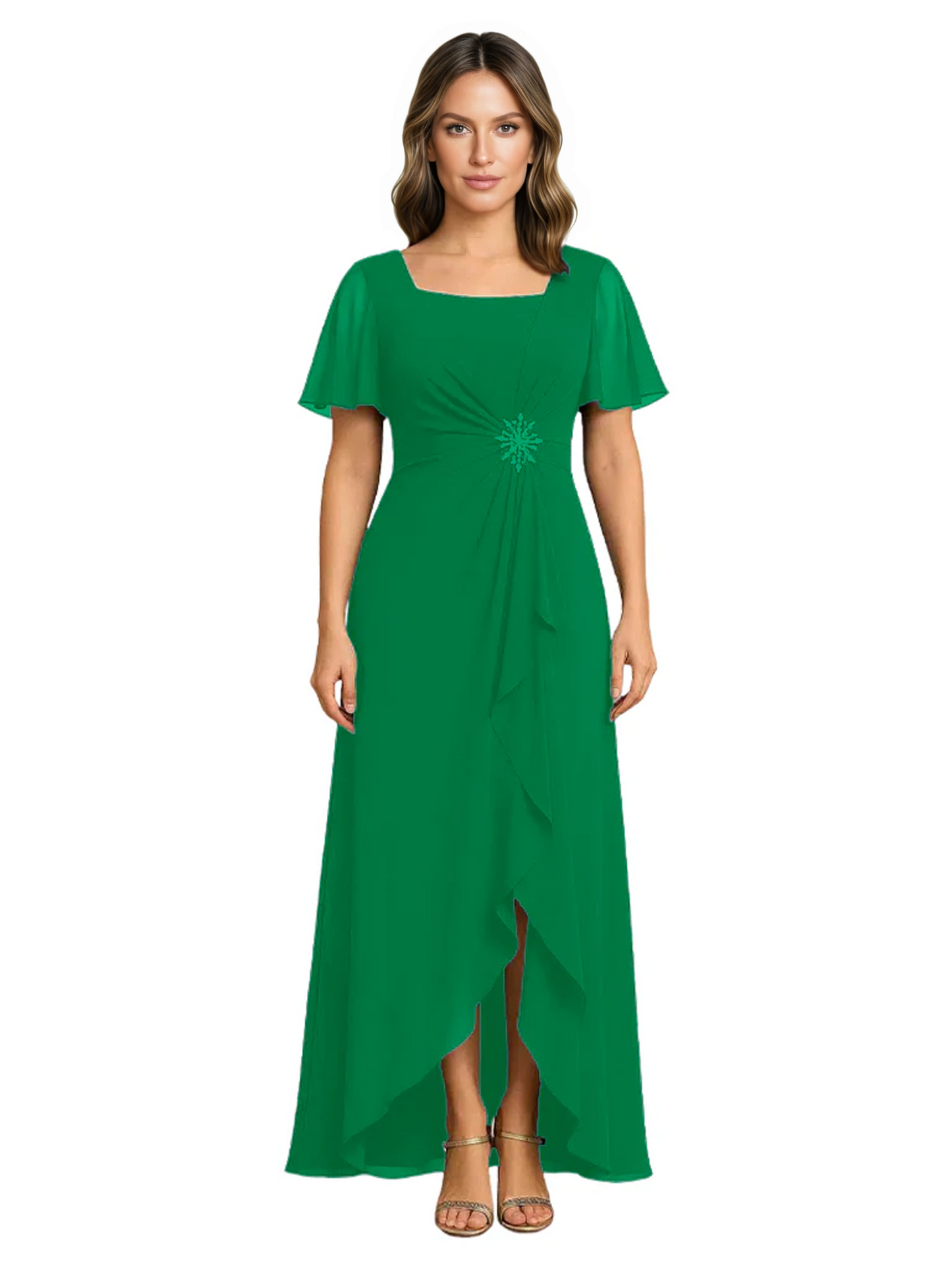 Formal High-Low Mother of the Bride Gown Sleeved Chiffon Maxi Dress Ruched Waist