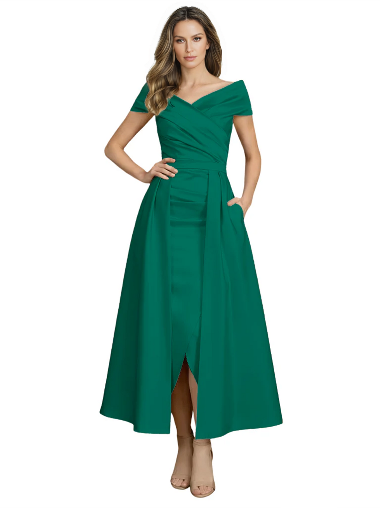 Formal Floor-Length Mother of the Bride Gown Satin Maxi Dress with Slit Off Shoulder