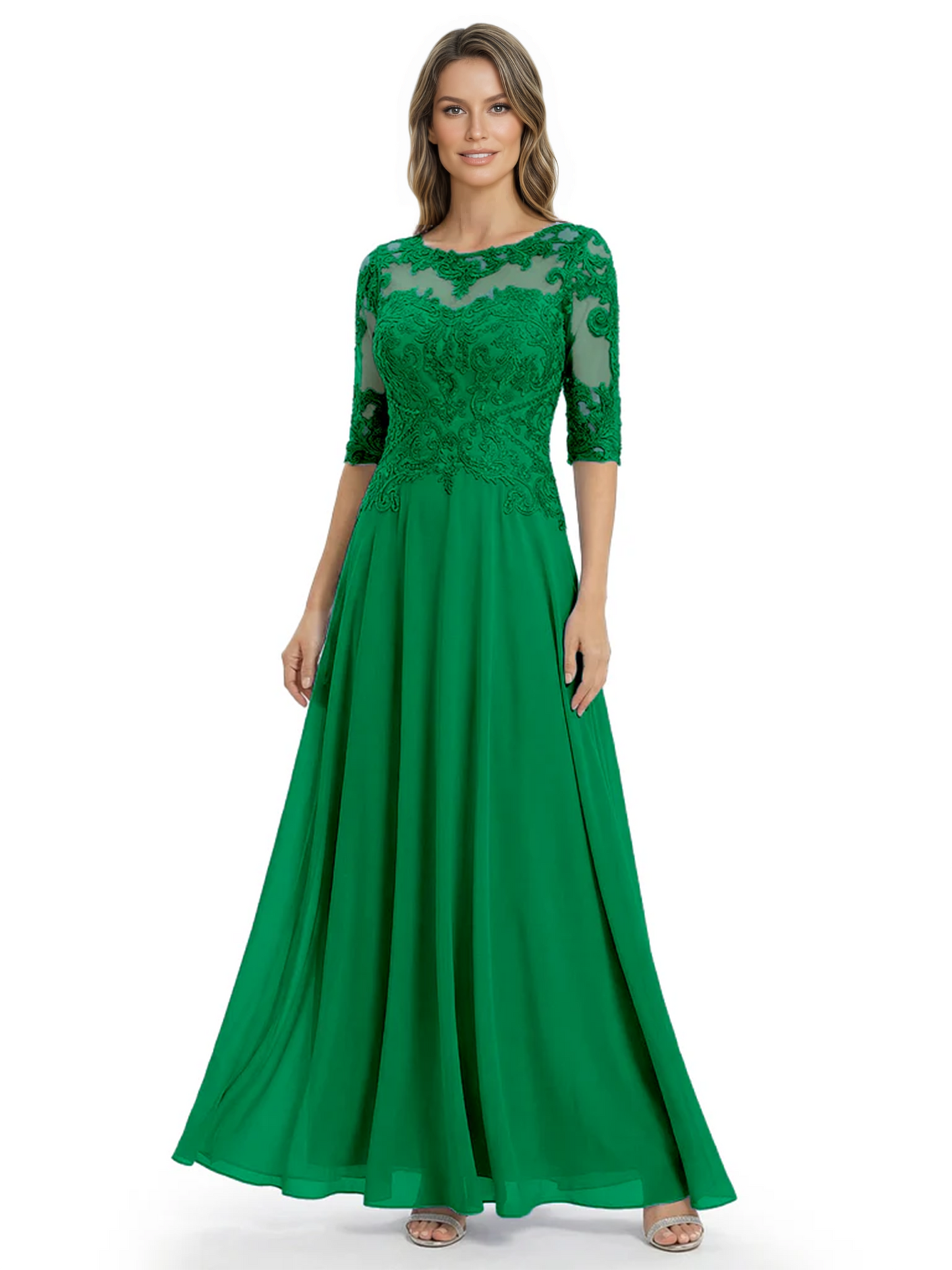 Illusion Neck Mother of the Bride Dress Half Sleeve Lace Applique Gowns Chiffon