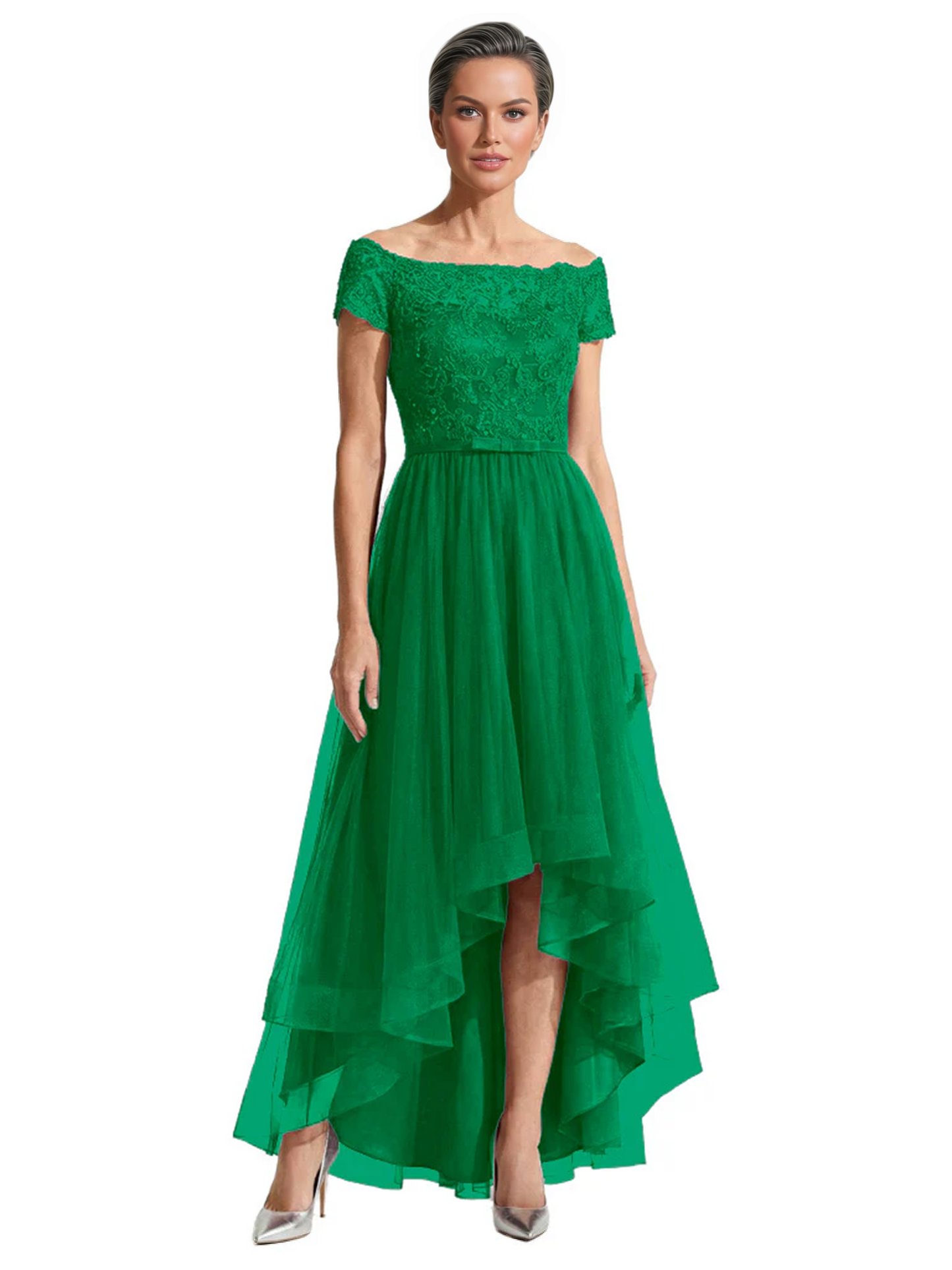 Formal High-Low Mother of the Bride Gown Short Sleeve Lace Maxi Dress with Tiered Skirt