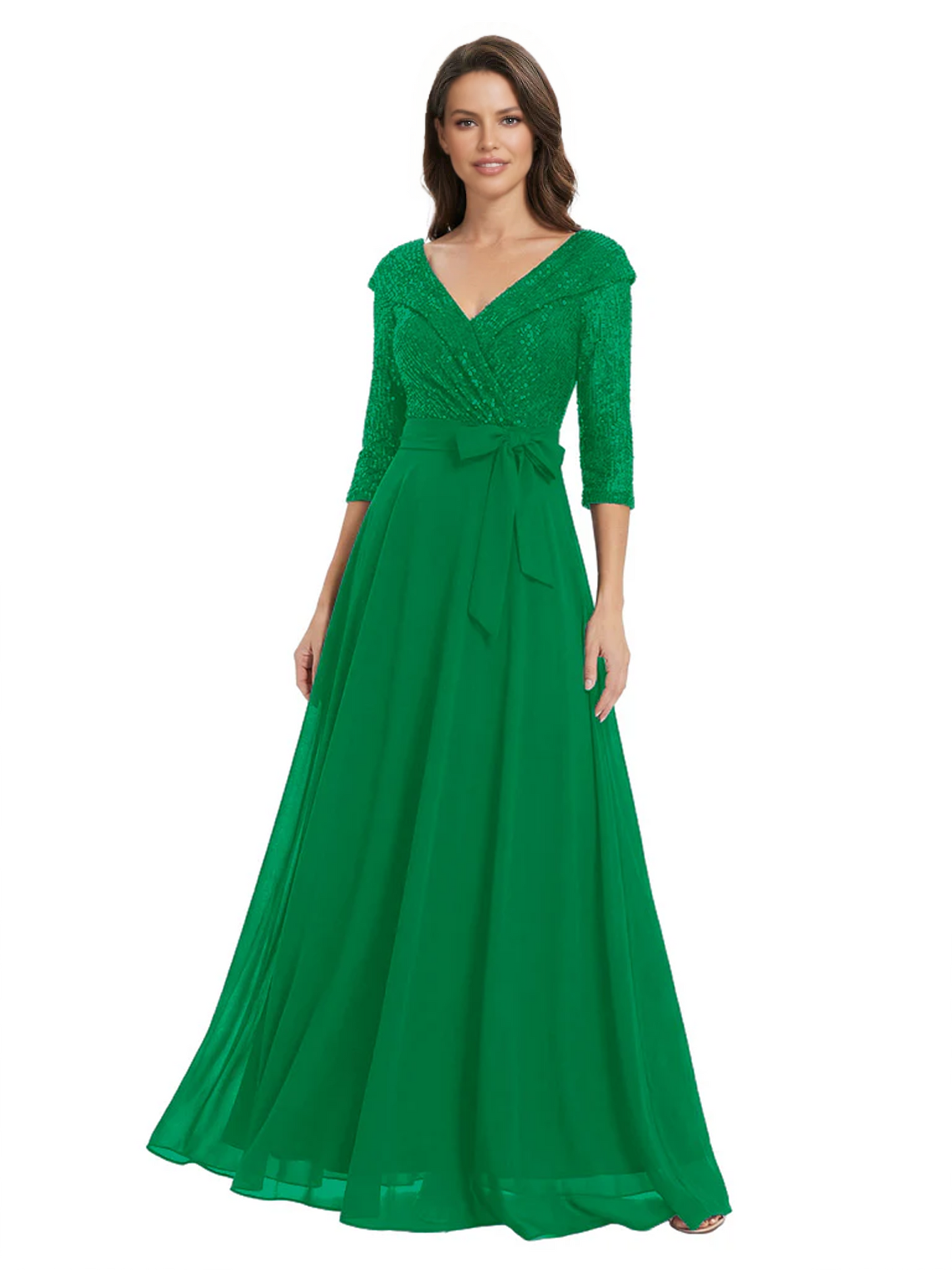 Chiffon Mother of the Bride Dress with Sequin V-Neck and Elegant Bow Sash