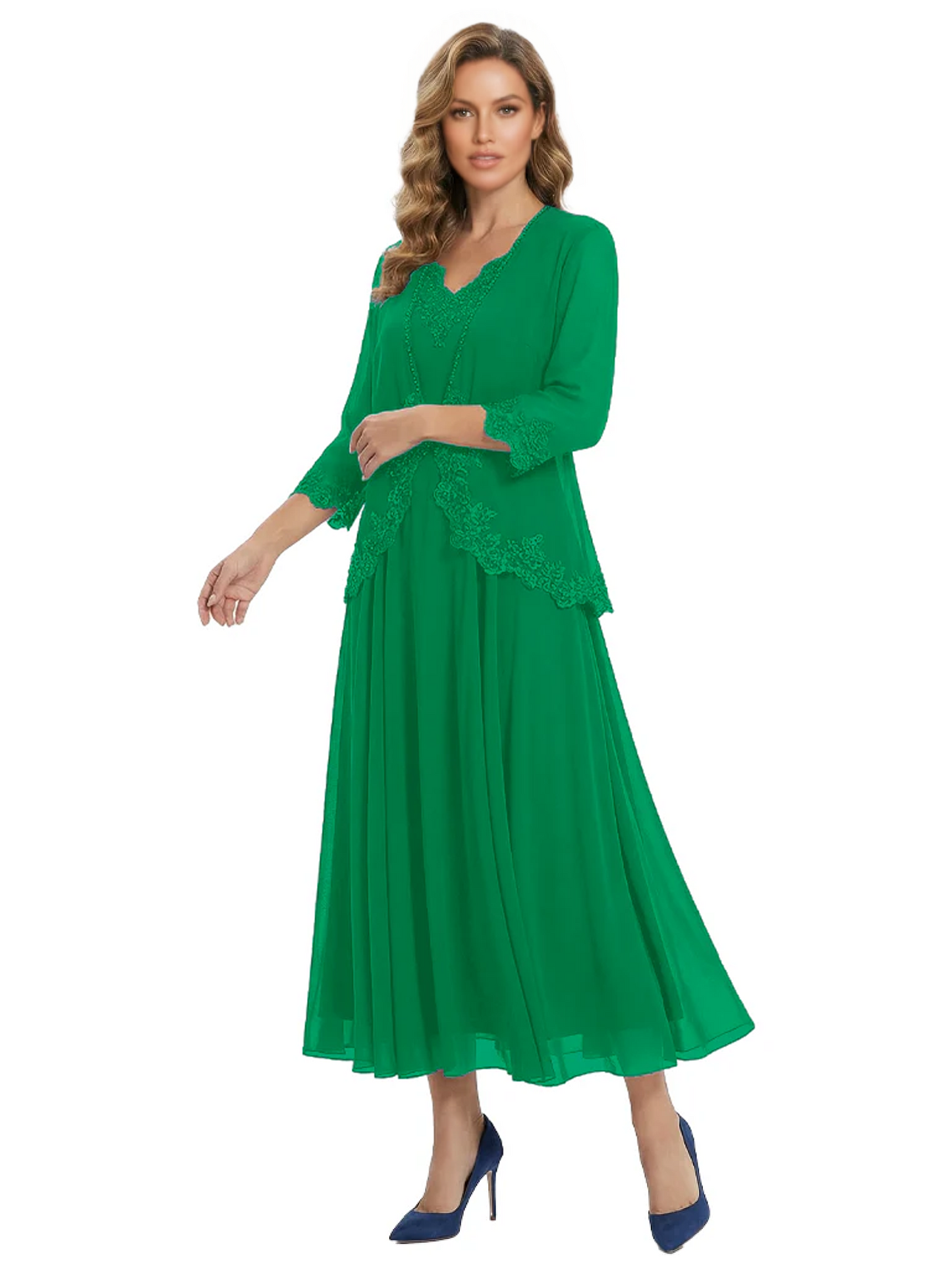 3/4 Sleeve Chiffon Mother of the Brides Dresses V-Neck Wedding Party Gowns