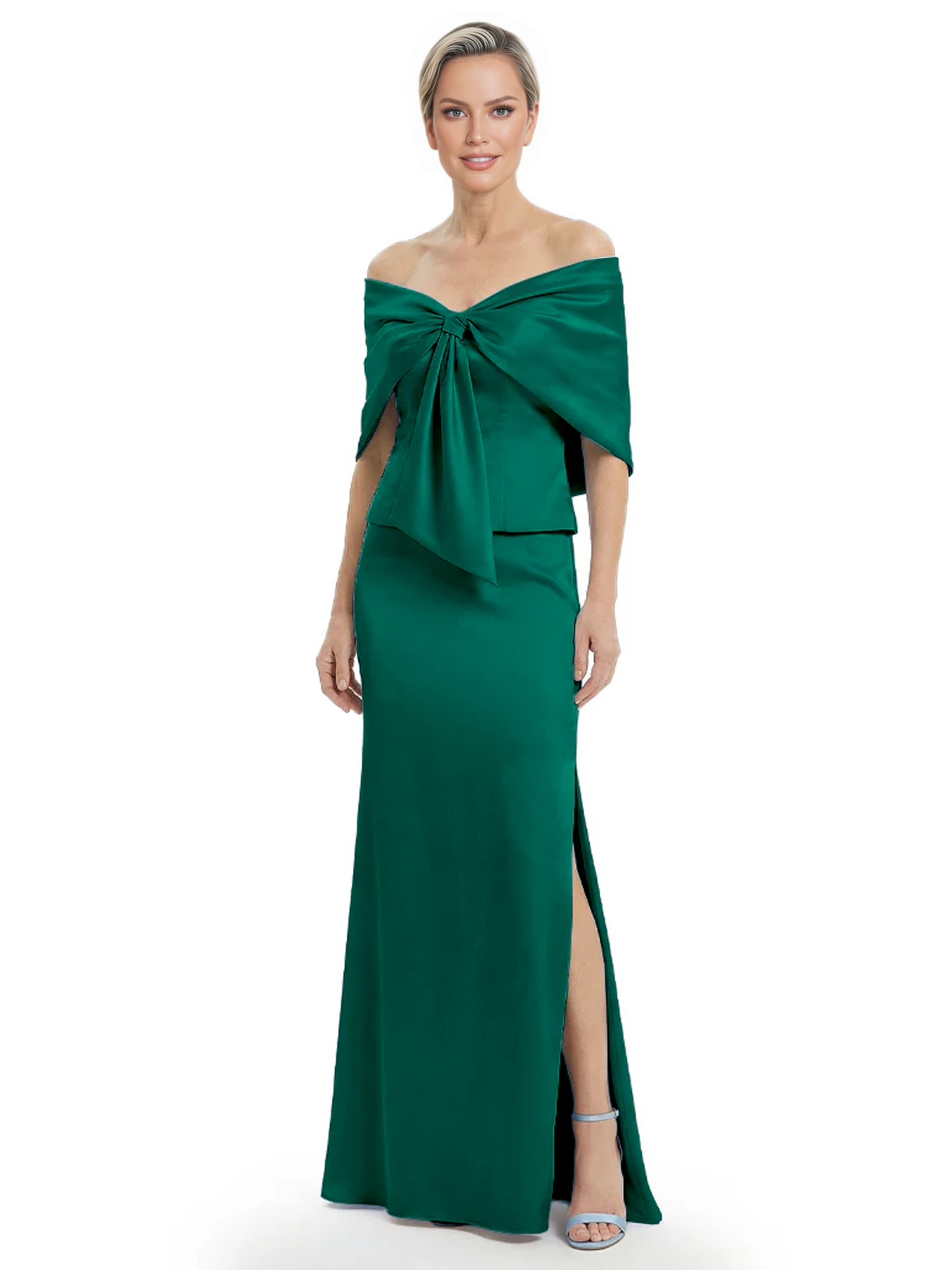 Formal Floor-Length Mother of the Bride Gown Satin Maxi Dress with Bow Neckline