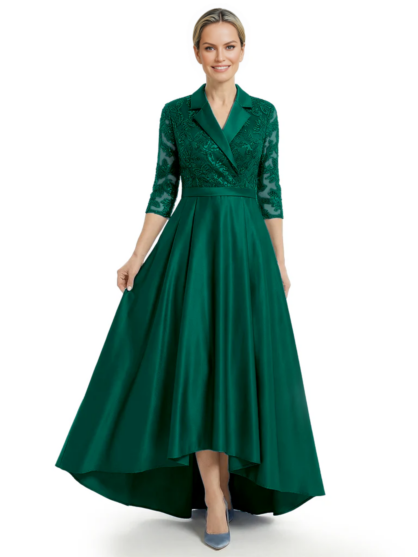 Elegant Mother of Bride Dress Evening Gowns Trending Styles with Lapel Collar 3/4 Sleeves
