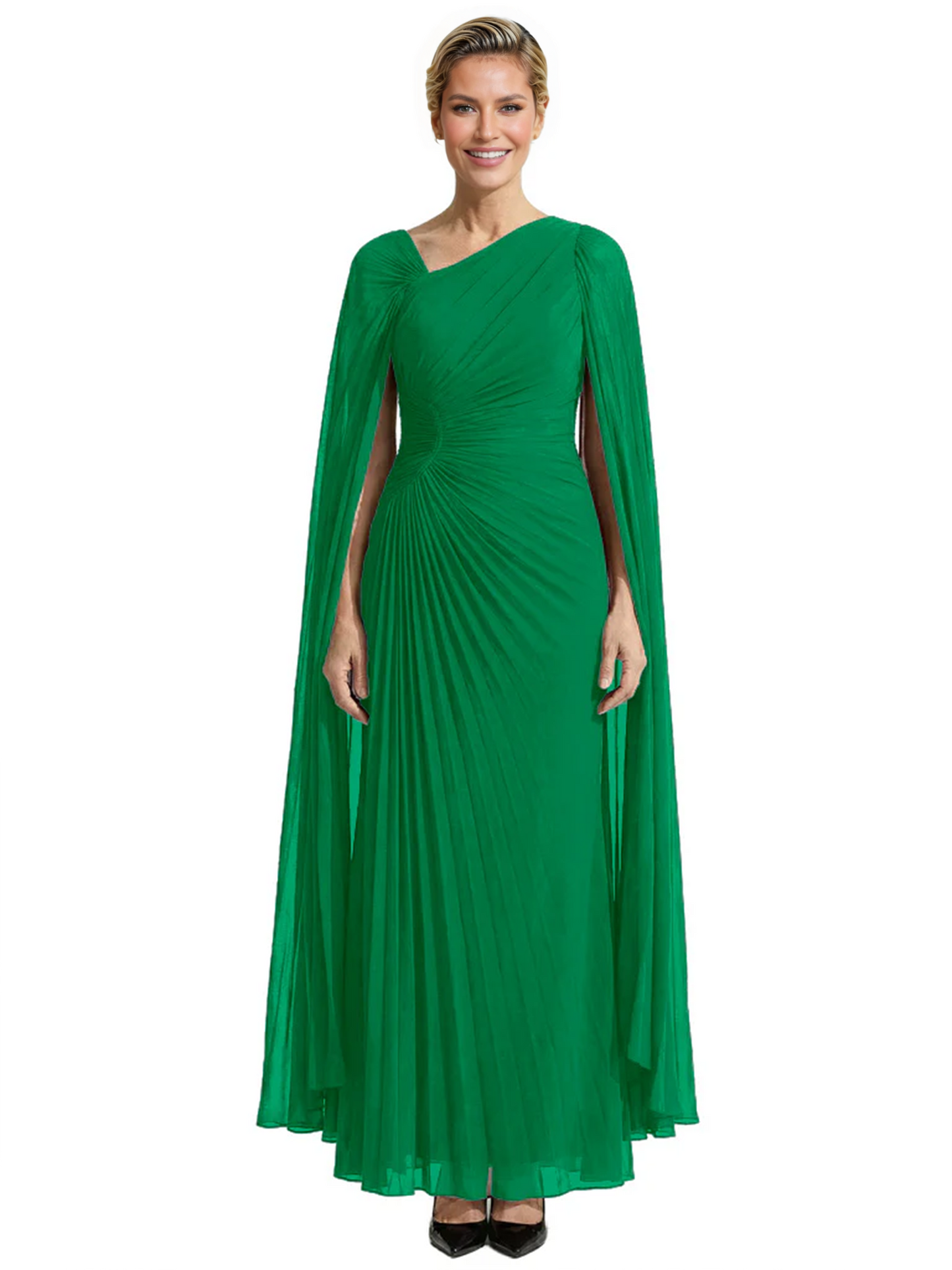 Elegant Asymmetric Neck Long A-Line Chiffon Mother of the Brides Dresses Mom Outfit with Cape