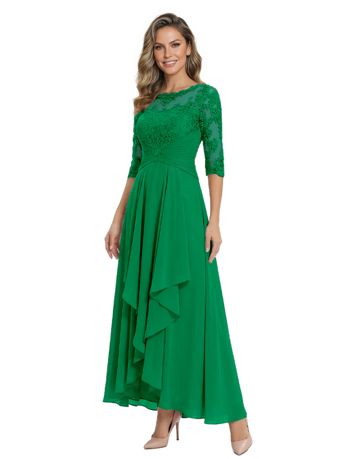 3/4 Sleeve Mother of the Bride Dress with Lace Embroidery High-Low Hem 2026