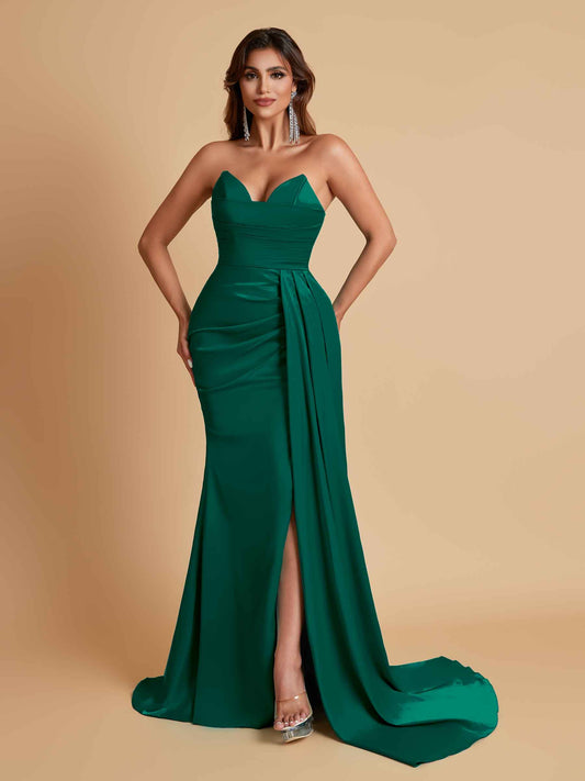 Gorgeous Strapless Soft Satin Side Slit Floor-Length Mermaid Bridesmaid Dresses