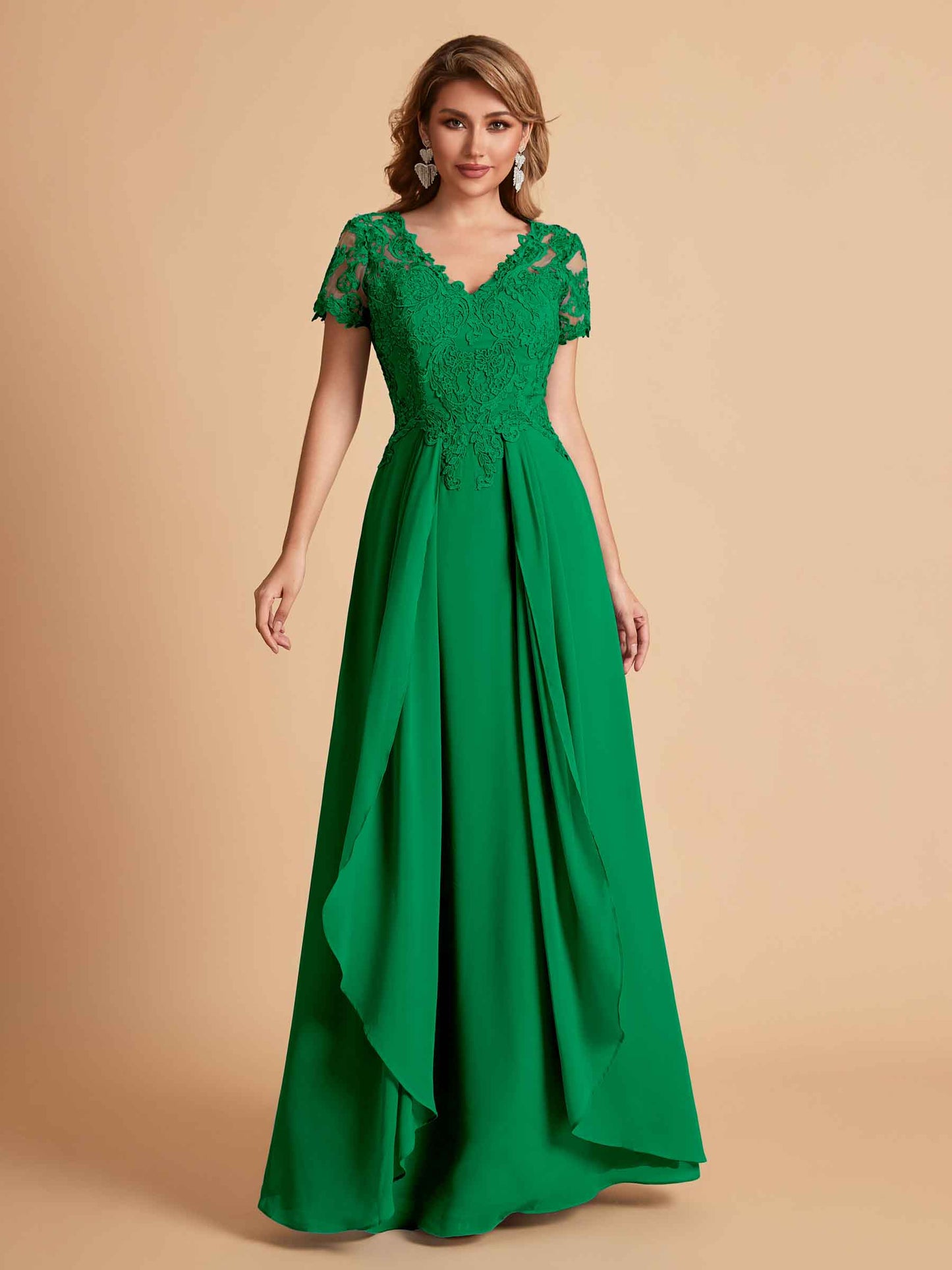 Elegant A-Line Chiffon Short Sleeves V-neck Mother of the Brides Dresses Lace Top MOB Dresses