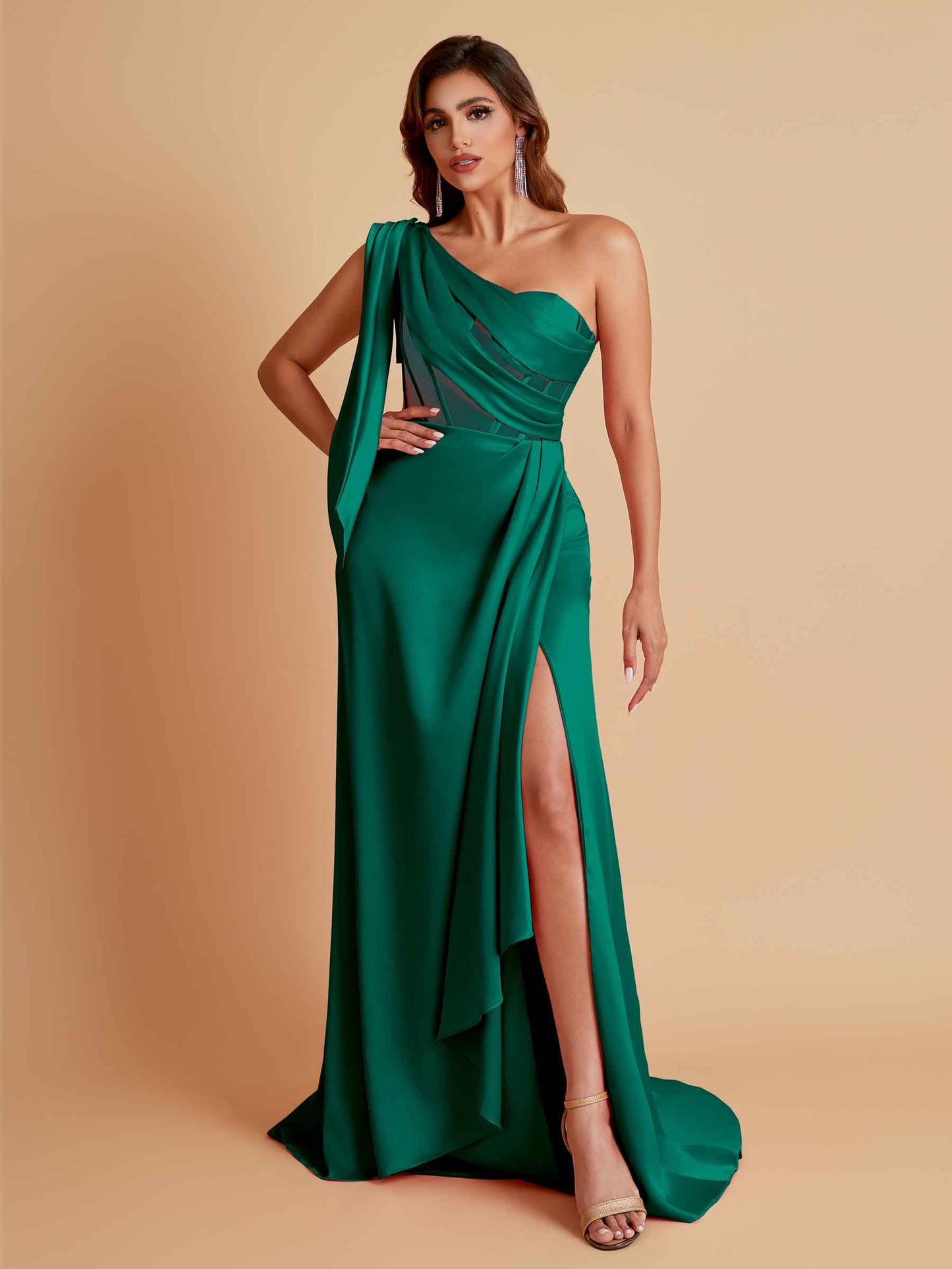 Sexy Soft Satin Mermaid One Shoulder Asymmetrical Side Slit Floor-Length Bridesmaid Dresses