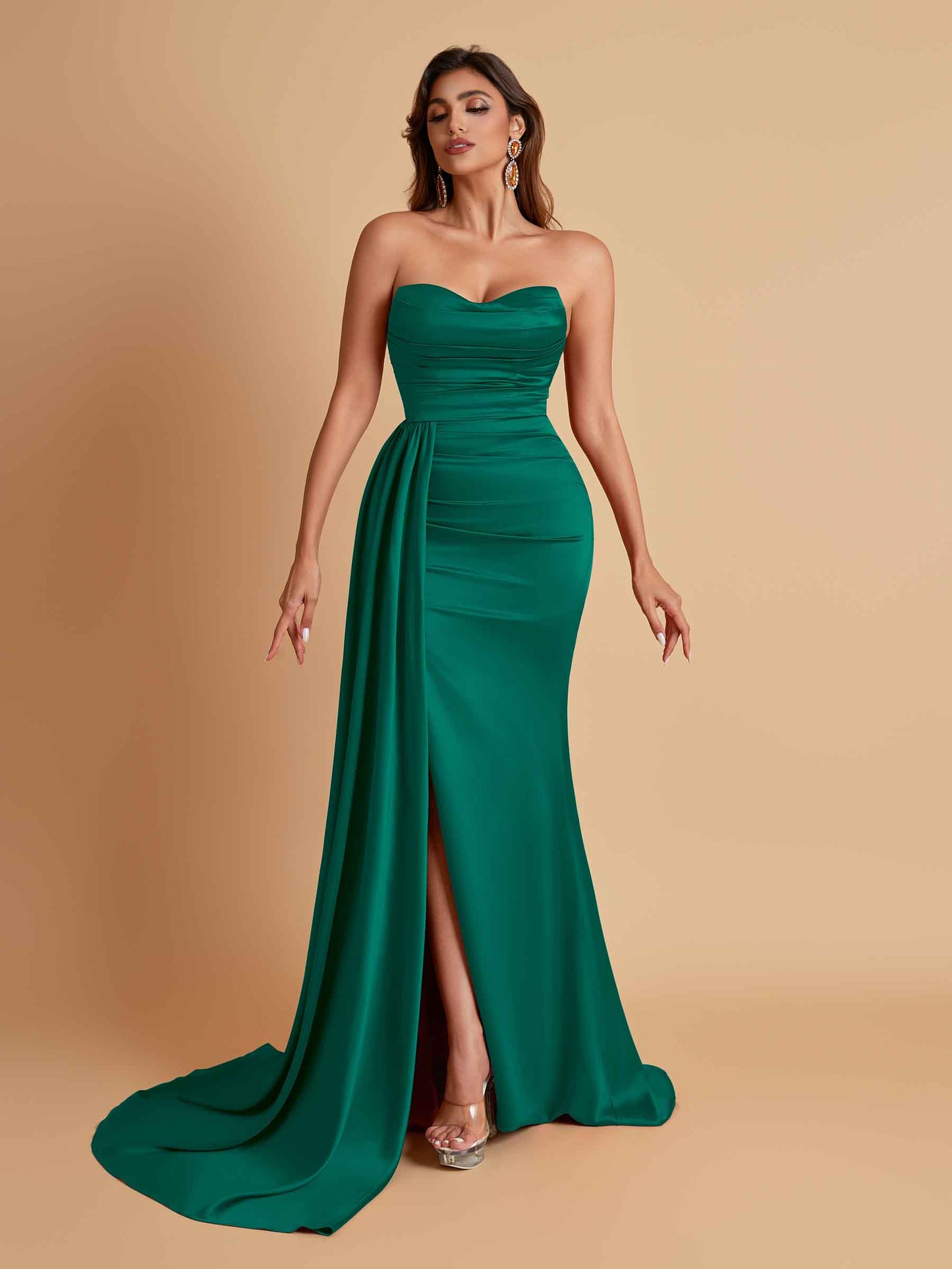 Elegant Soft Satin Sweetheart Strapless Side-Slit Mermaid Bridesmaid Dresses