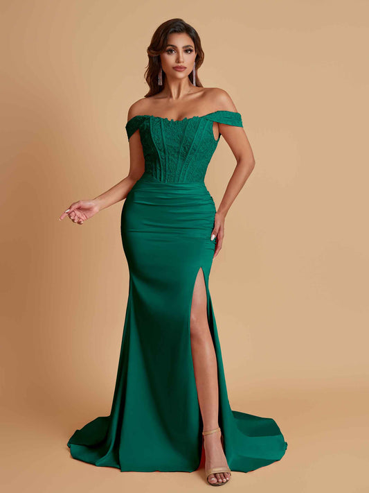 Elegant Soft Satin Mermaid Off Shoulder Side Slit Floor-Length Mermaid Bridesmaid Dresses