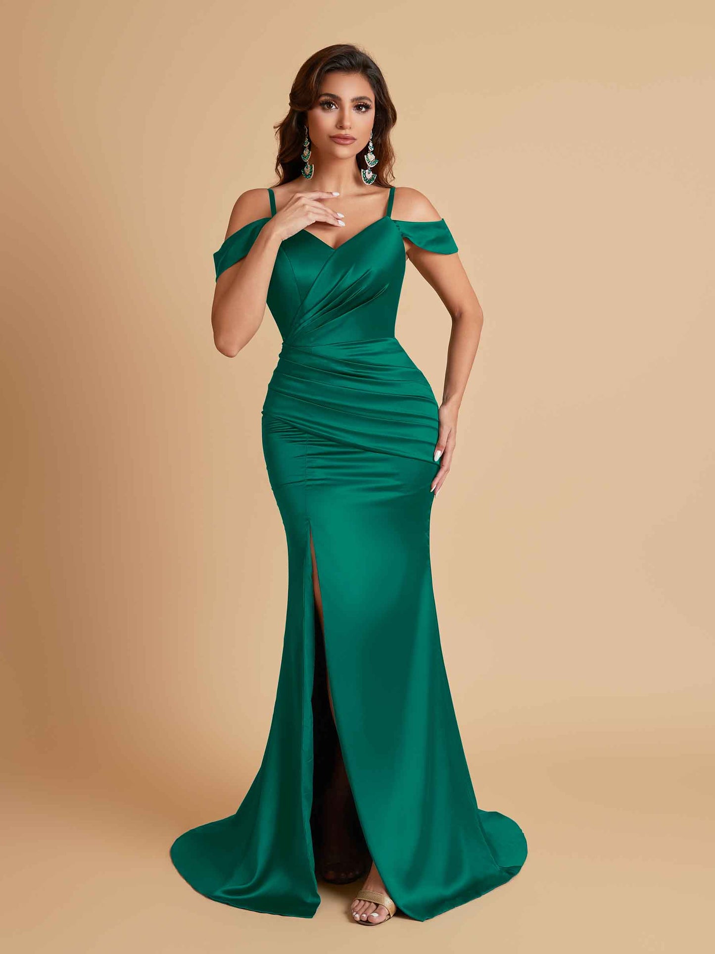 Sexy Soft Satin Mermaid Off Shoulder Side Slit Floor-Length Mermaid Bridesmaid Dresses