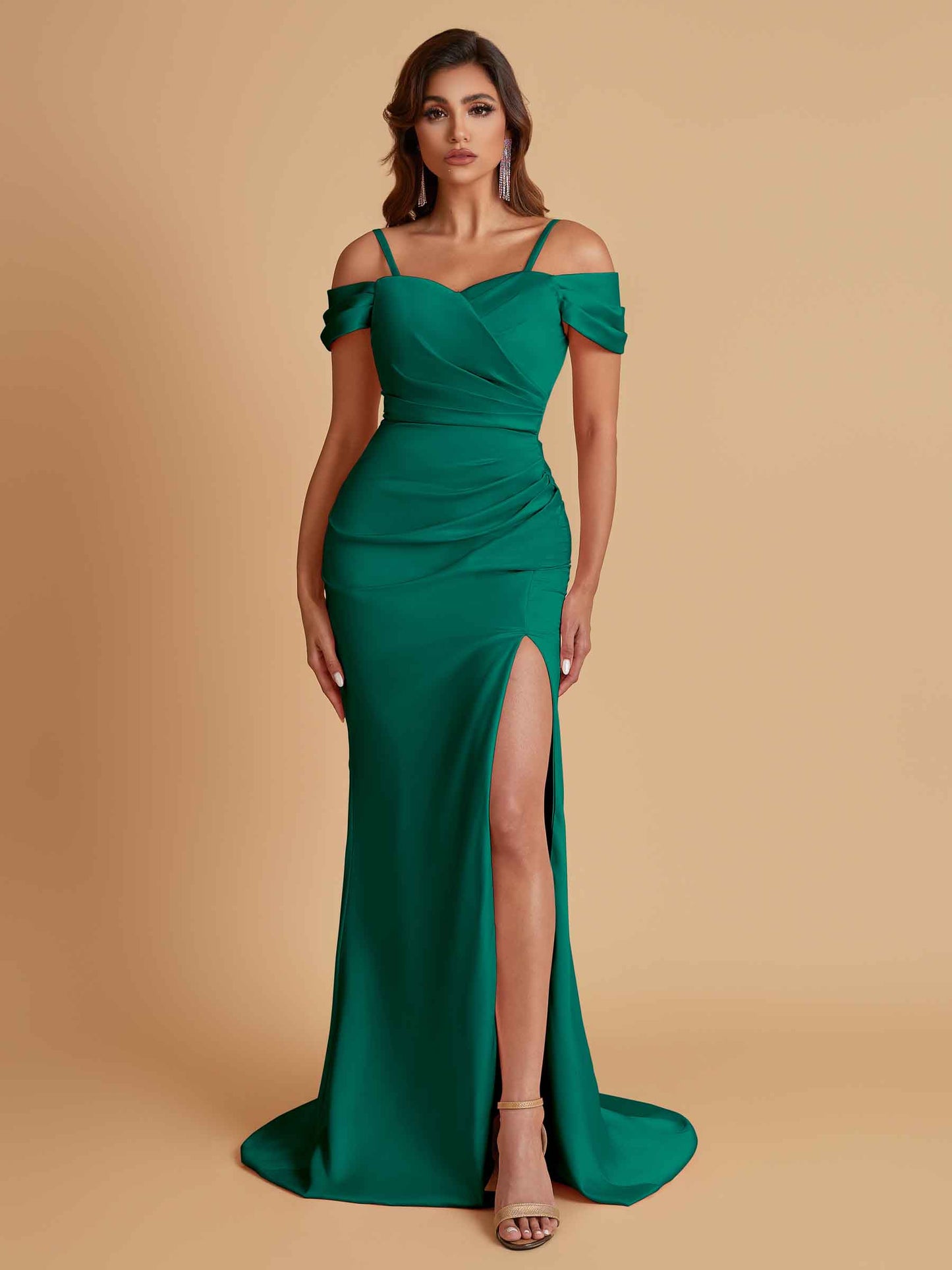 Sexy Soft Satin Mermaid Cold Shoulder Side Slit Floor-Length Bridesmaid Dresses Online