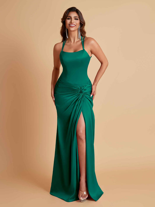 Gorgeous Square Criss Cross Soft Satin Side Slit Floor-Length Mermaid Bridesmaid Dresses