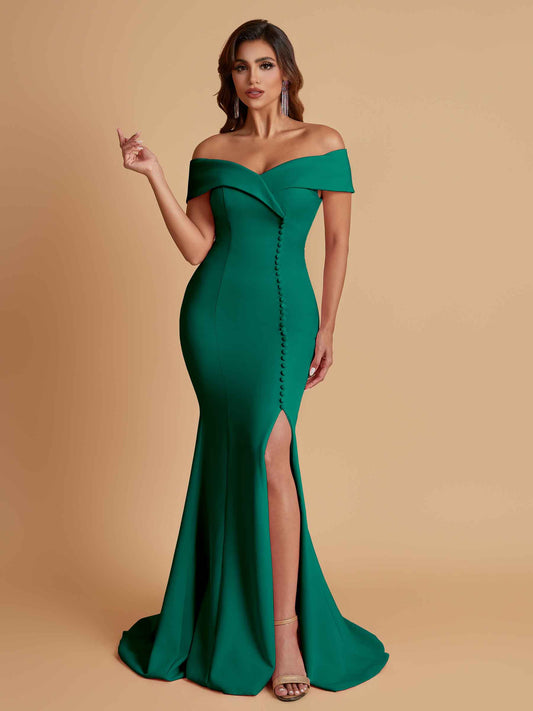 Elegant Soft Satin Mermaid Off Shoulder Side Slit Floor-Length Bridesmaid Dresses