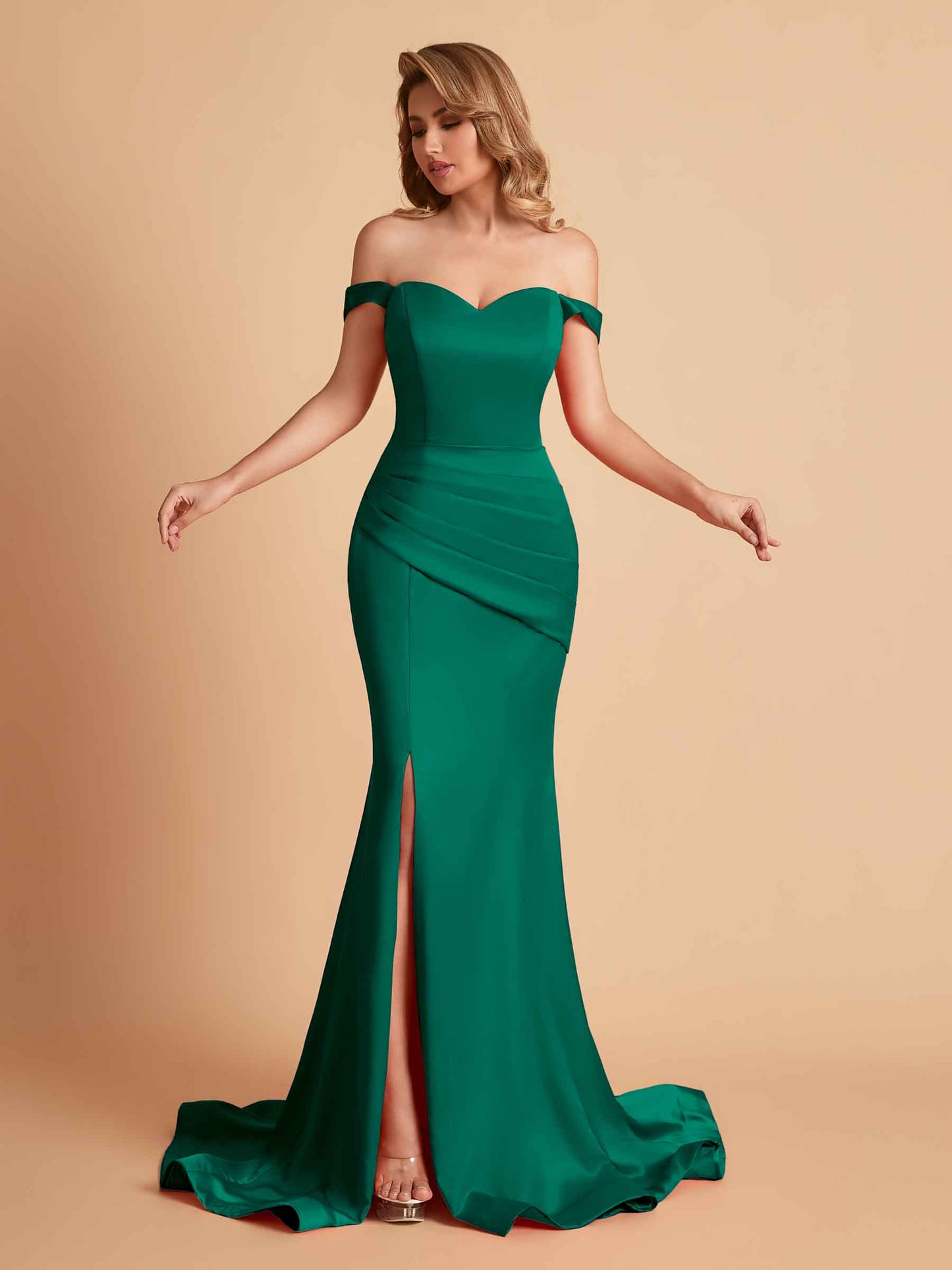 Elegant Satin Off the Shoulder Mermaid Side Slit Floor Length Bridesmaid Dresses