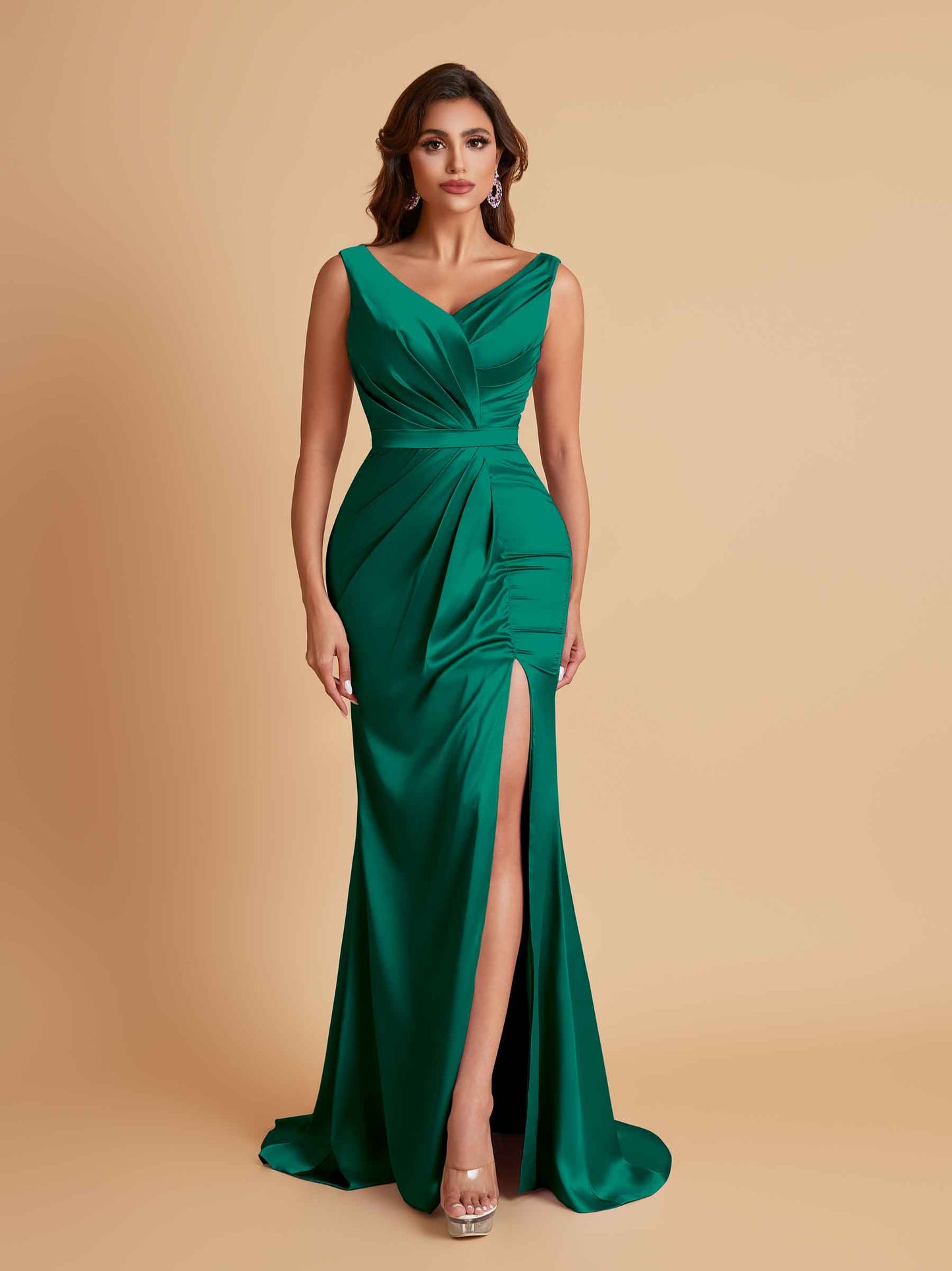 Elegant V Neck Soft Satin Side Slit Floor-Length Mermaid Bridesmaid Dresses