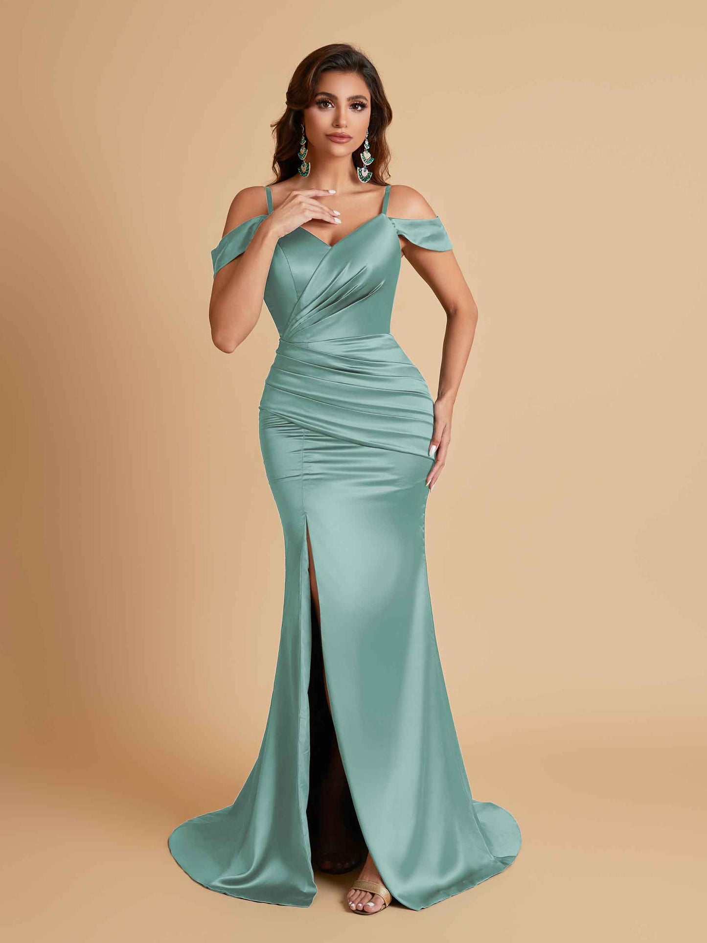 Sexy Soft Satin Mermaid Off Shoulder Side Slit Floor-Length Mermaid Bridesmaid Dresses