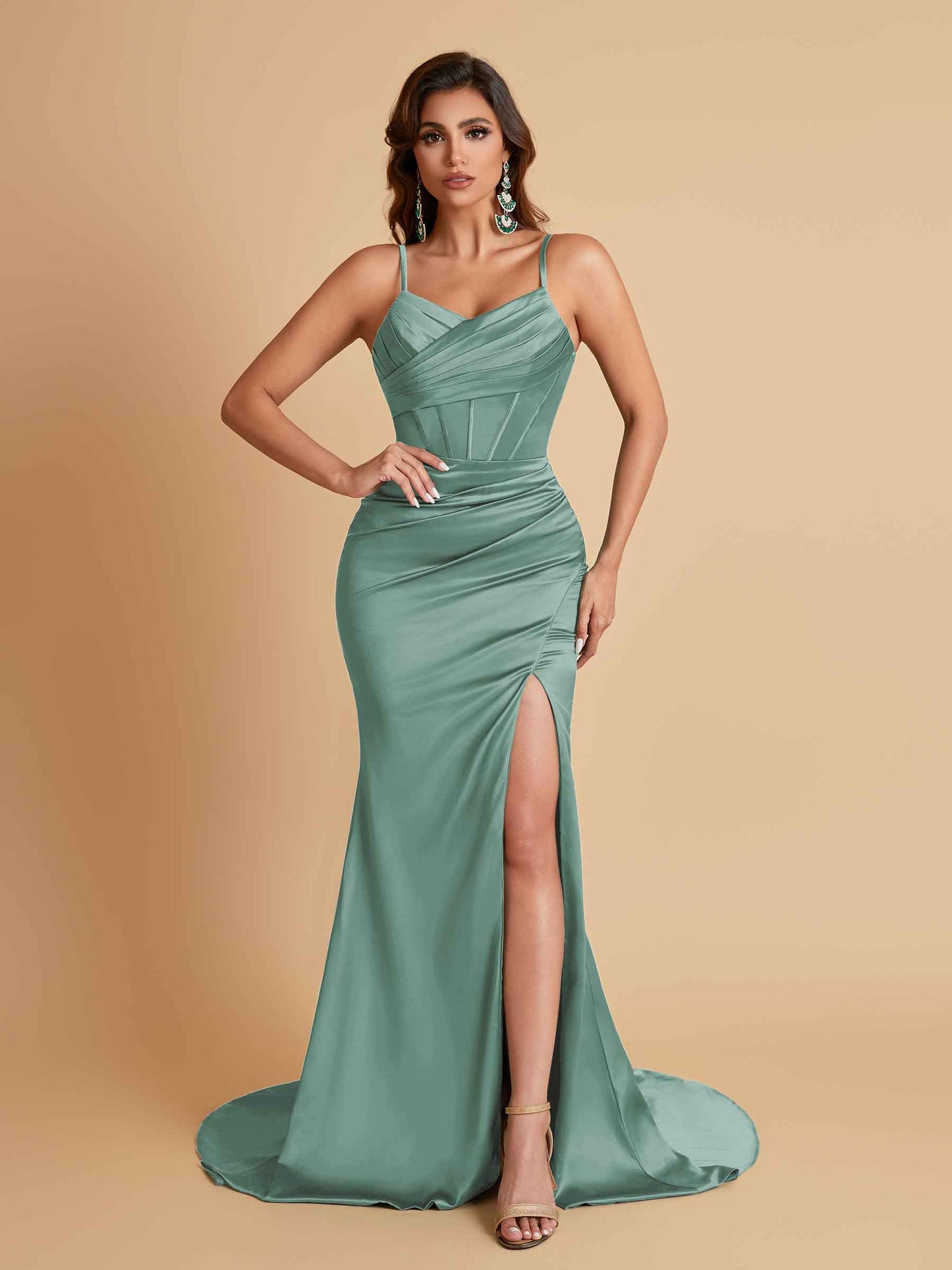 Sexy Spaghetti Straps V Neck Soft Satin Side Slit Floor-Length Mermaid Bridesmaid Dresses