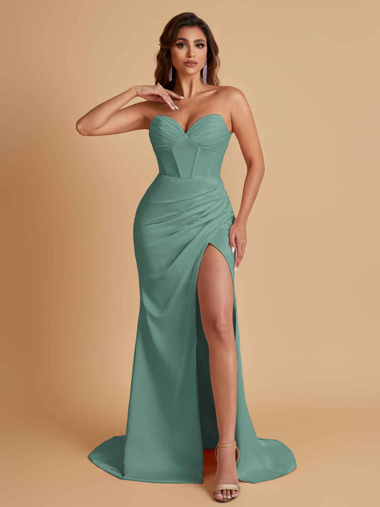 Elegant Soft Satin Mermaid V-neck Side Slit Floor-Length Bridesmaid Dresses Online