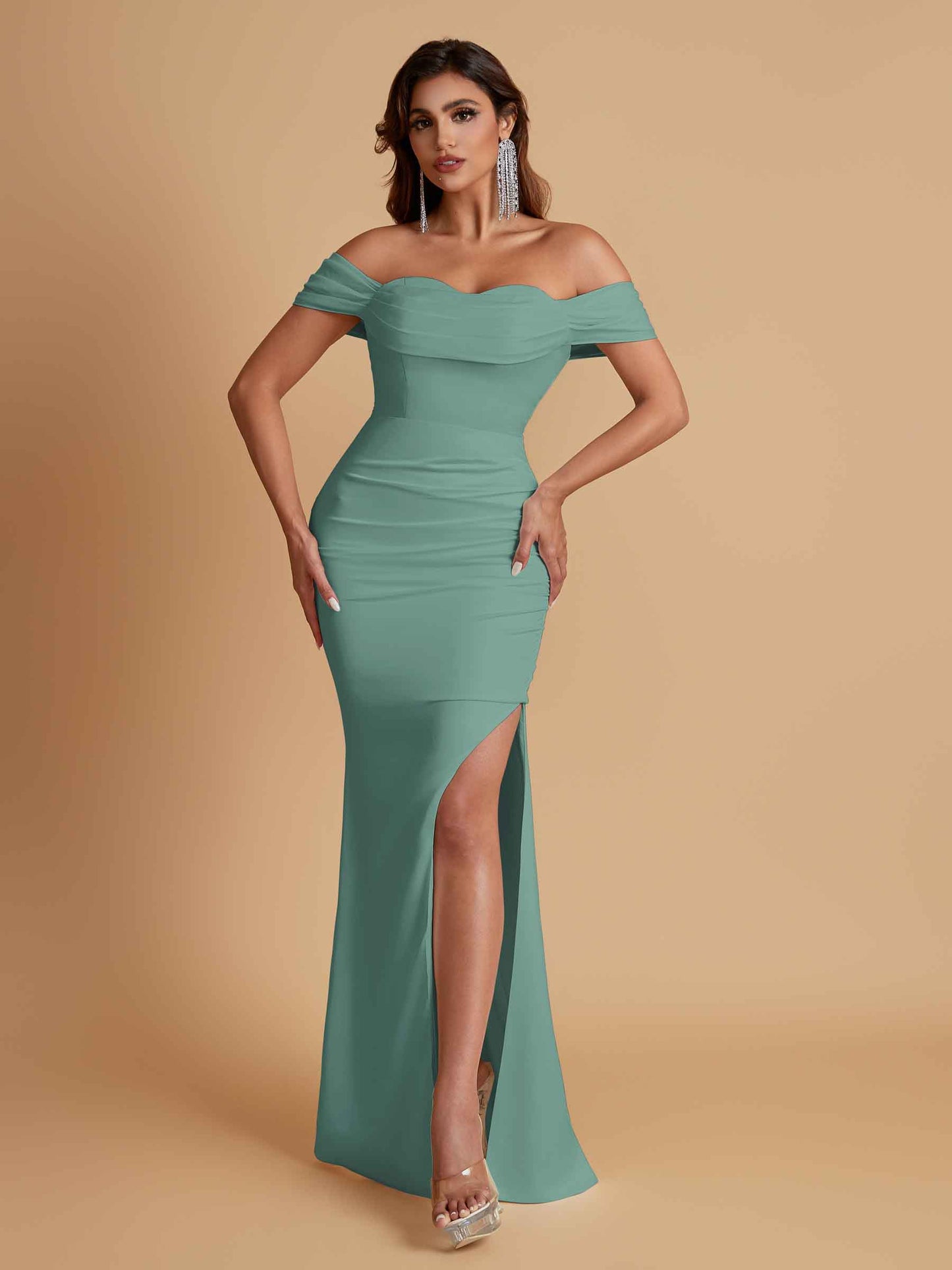 Sexy Soft Satin Mermaid Off Shoulder Floor-Length Mermaid Bridesmaid Dresses