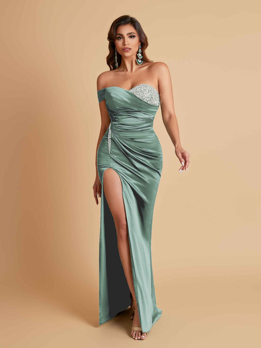 Sexy Soft Satin Mermaid One Shoulder Side Slit Floor-Length Mermaid Bridesmaid Dresses