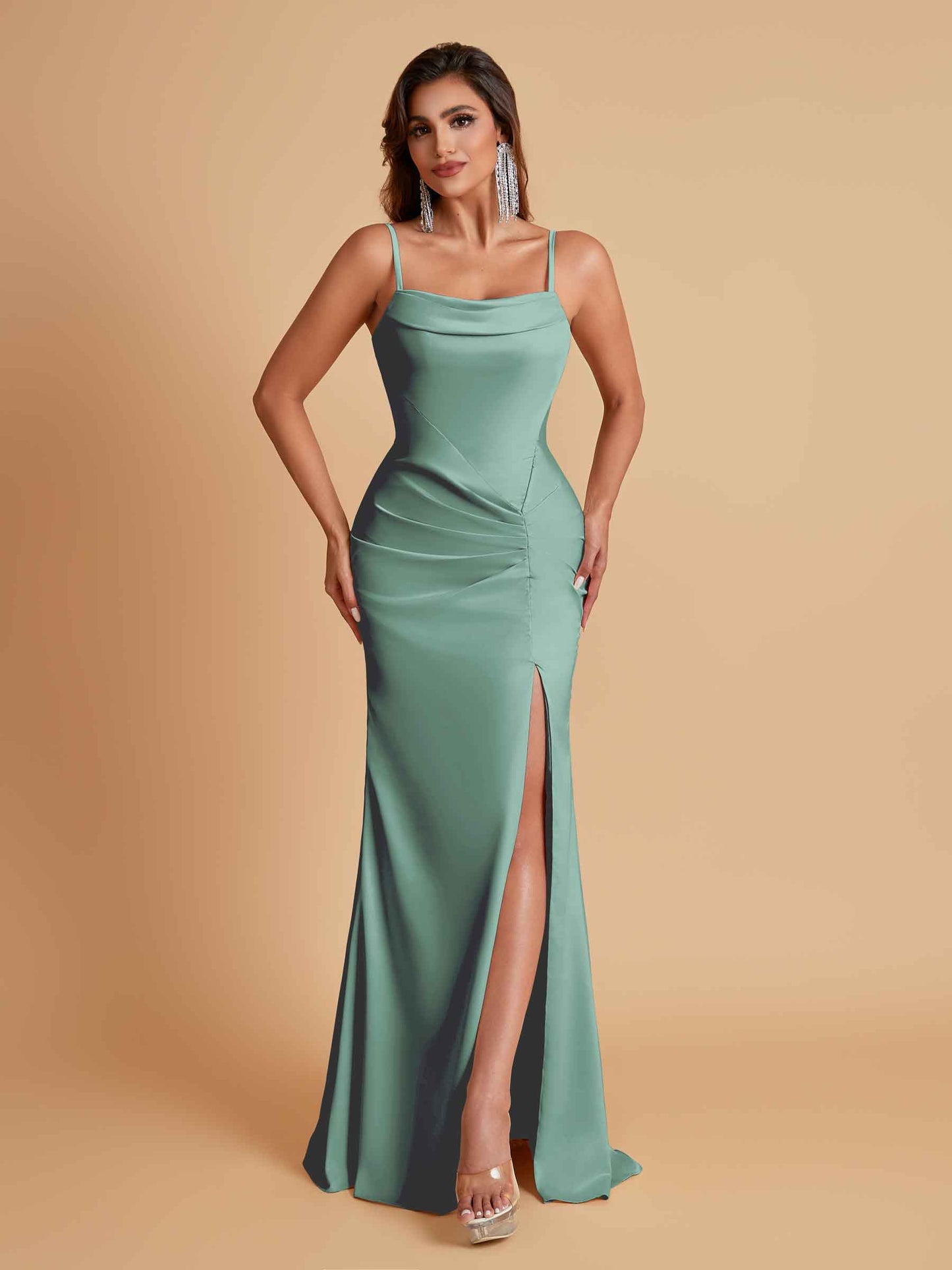 Gorgeous Spaghetti Straps Soft Satin Side Slit Floor-Length Mermaid Bridesmaid Dresses