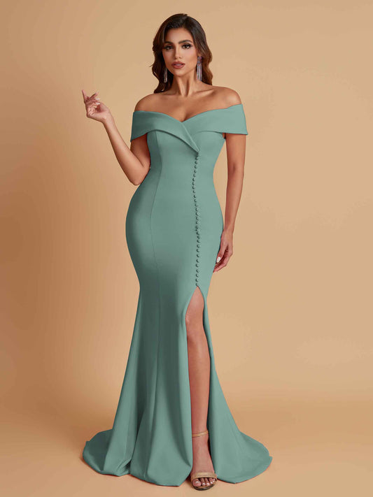 Elegant Soft Satin Mermaid Off Shoulder Side Slit Floor-Length Bridesmaid Dresses