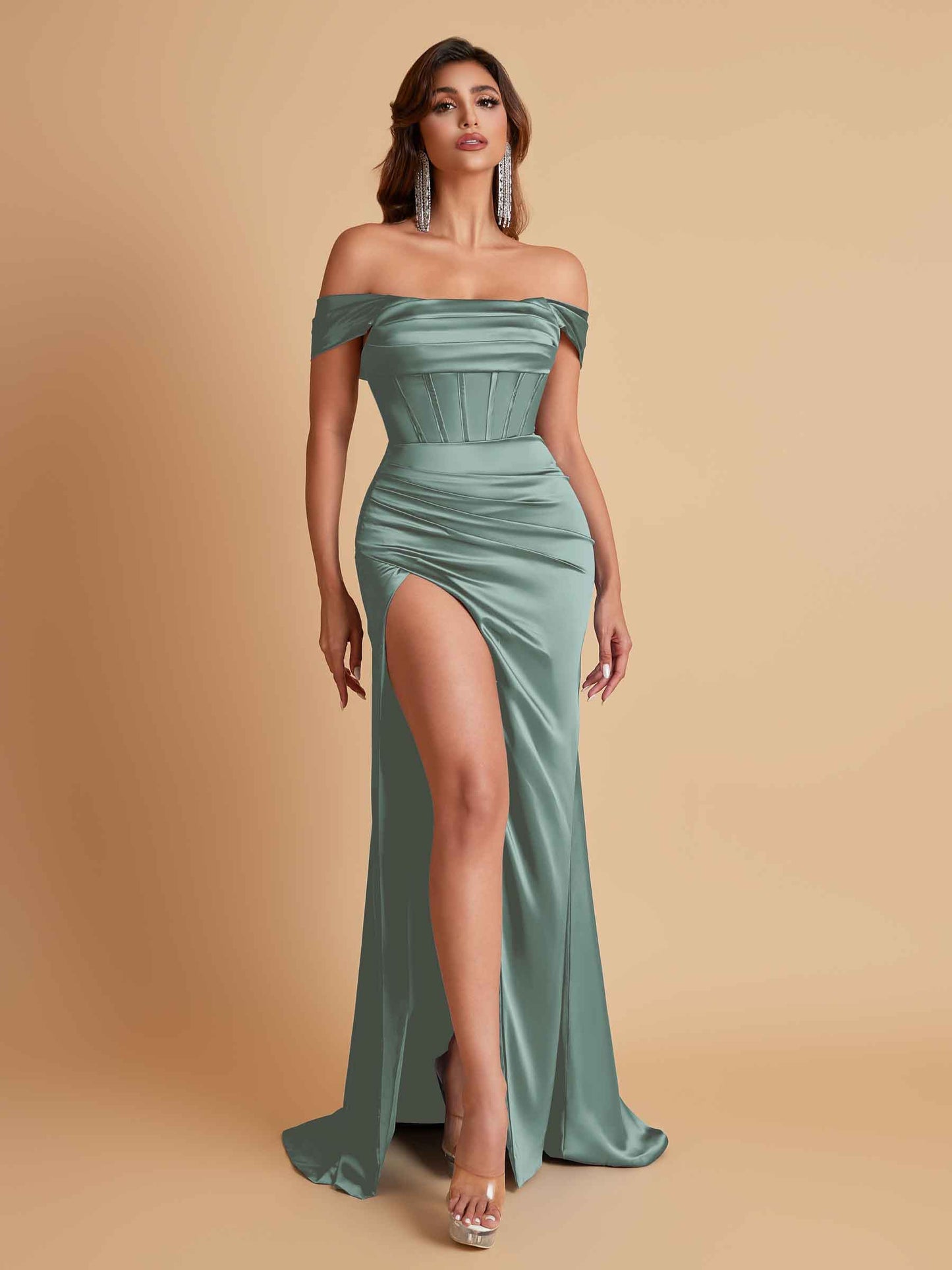 Sexy Off the Shoulder Soft Satin Side Slit Floor-Length Mermaid Bridesmaid Dresses